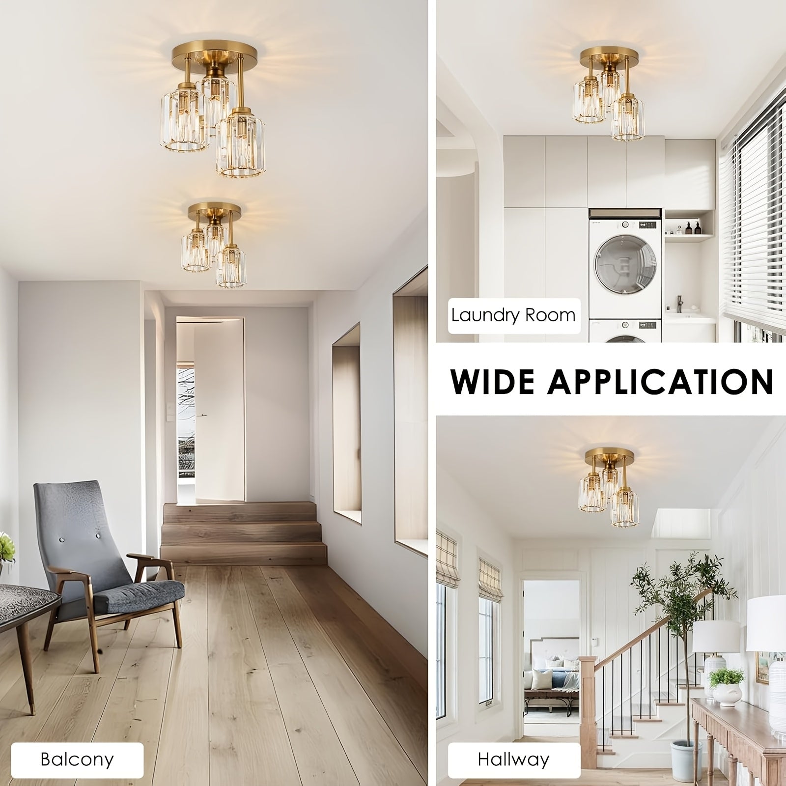 Modern semi-flush mount ceiling light, three-light crystal chandelier, E26 base pendant light, suitable for living room, dining room, bedroom, kitchen, hallway