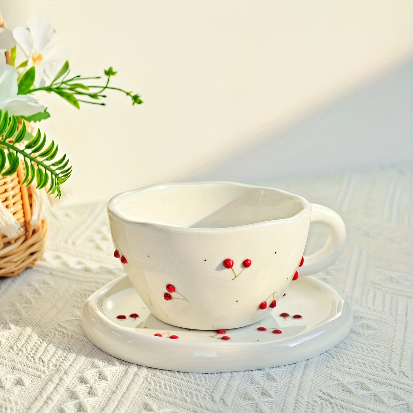 1 Set Creative Simple Hand-Pinched Hand-Painted 3D Relief Cherry Blueberry Lemon Ceramic Coffee Cup & Saucer for Home Use