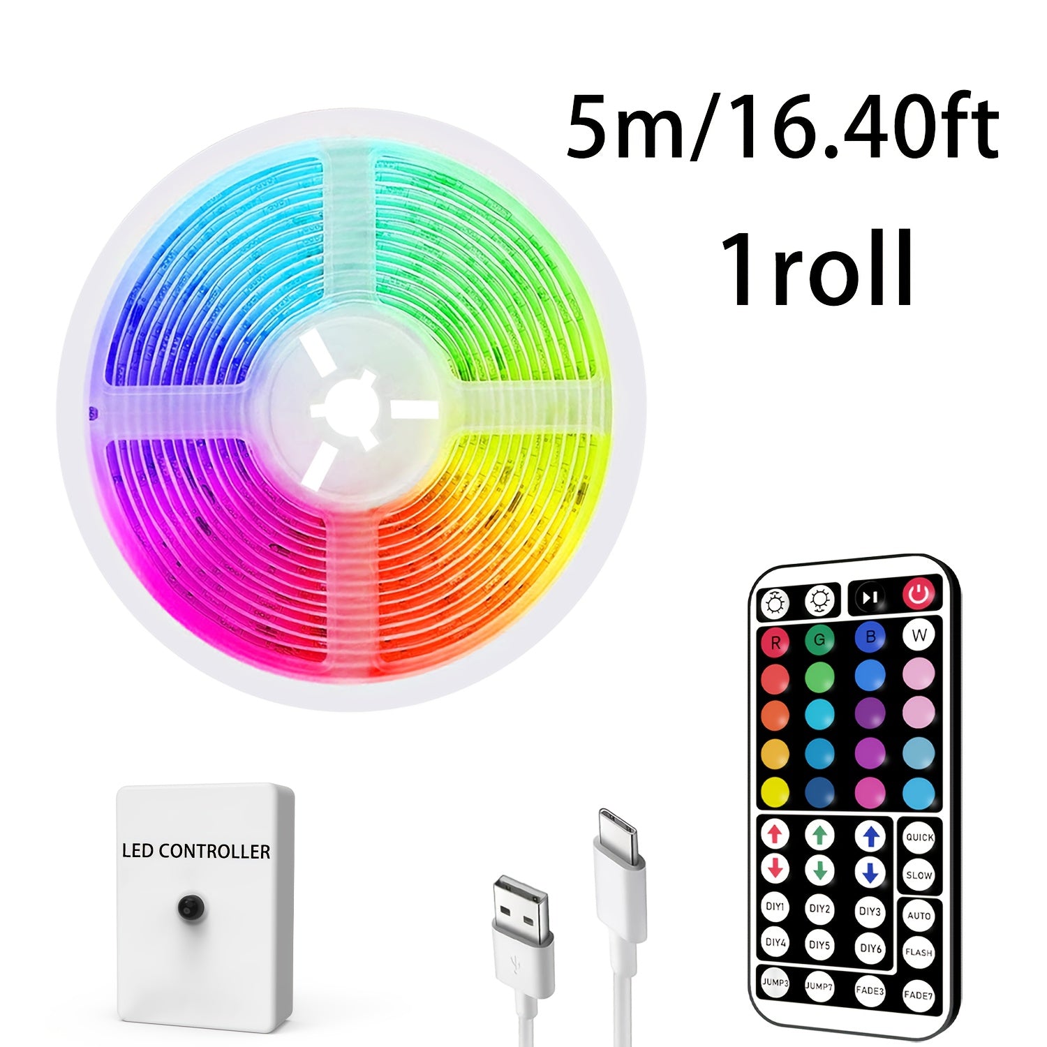 Type-C接口灯带，长度可选3.28到98.43英尺，具有动态灯光和LED灯，配备44键遥控器和信号接收器，可更改模式，适用于天花板、卧室、酒吧、复活节庆祝活动
