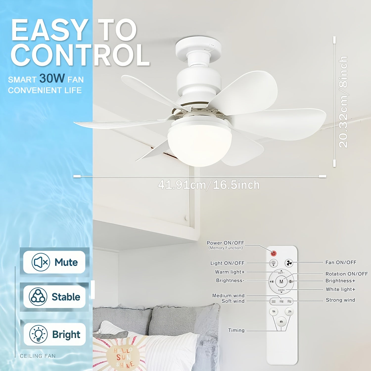 High Power E27 Base Ceiling Fan 30W with Dimmable LED Light, Silent Motor Remote Control Fan Light, E27 Extended Base, 3 Speed & Color Temperature Adjustment, Energy Saving Easy Installation for Living Room Bedroom