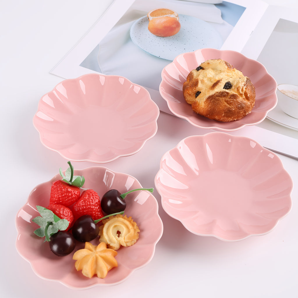 Set of 4, Ceramic Orchid-Shaped Design 6-Inch Plates in White / Pink / Off-White / Light Blue, Perfect for Soy Sauce, Vinegar, Hot Pot Dip, etc. – Exquisite Small Seasoning Dish, Heat-Resistant