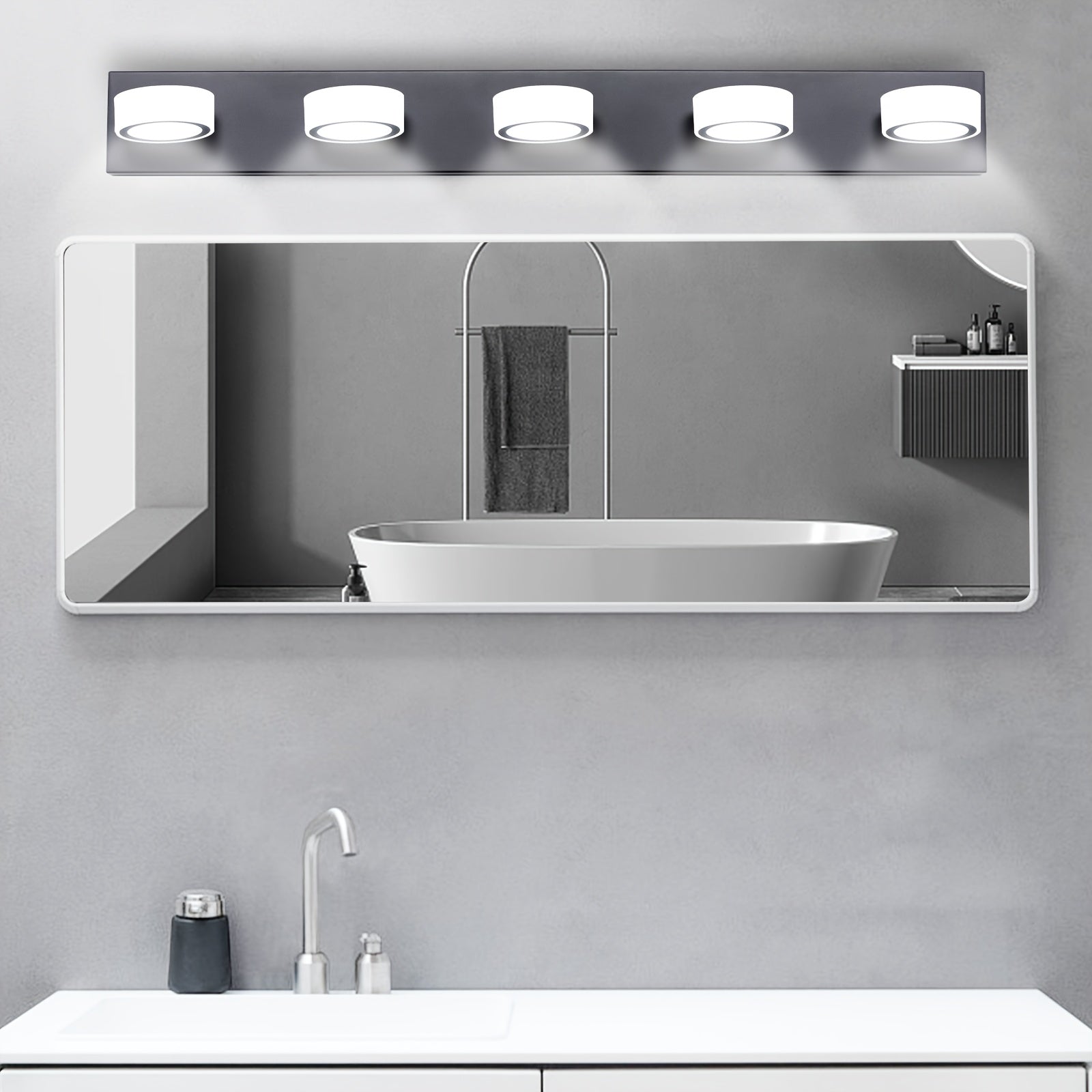 37-Inch 5-Light Bathroom Vanity Light, Elegant Modern Bathroom Wall Light, 360° Rotatable Vanity Light, with LED Light Source and Acrylic Shade, Dimmable, Suitable for Bathroom, Living Room, Bedroom (Black)