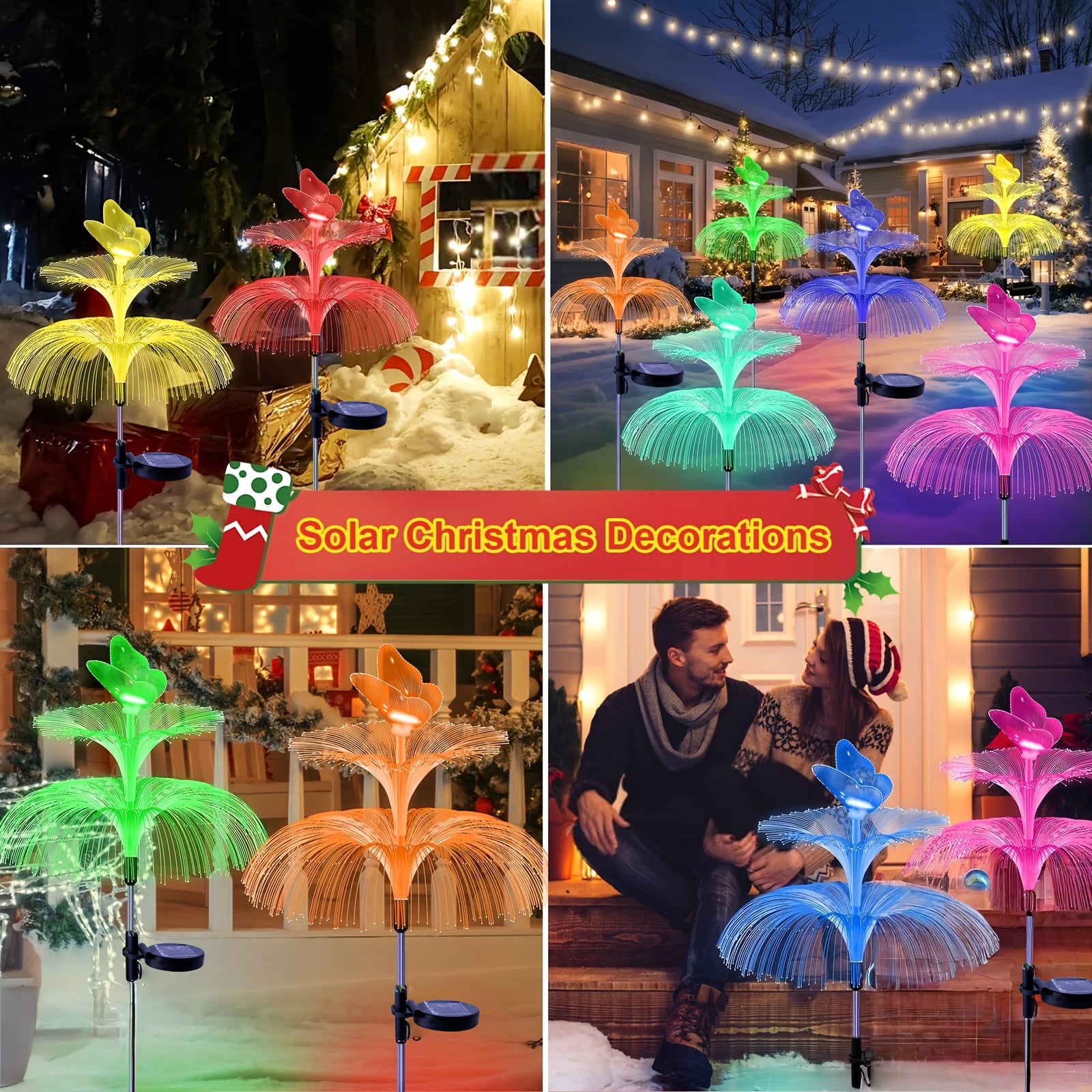 Solar Garden Light 4-Pack Solar Outdoor Decorative Light 7 Color Changing Double Jellyfish and Butterfly Flower Garden Decoration Courtyard Christmas Pool Outdoor Decoration, Gift for Mother and Women