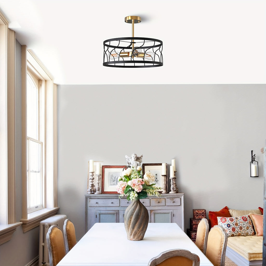 Modern 3-Light Black and Gold Semi-Flush Mount Ceiling Fixture with Drum Cage Design - Elegant Metal Lighting for Kitchen, Hallway, Bedroom or Living Room, E26 Base (Bulb Not Included), Living Room Decor | Modern Ceiling Light | Durable Metal