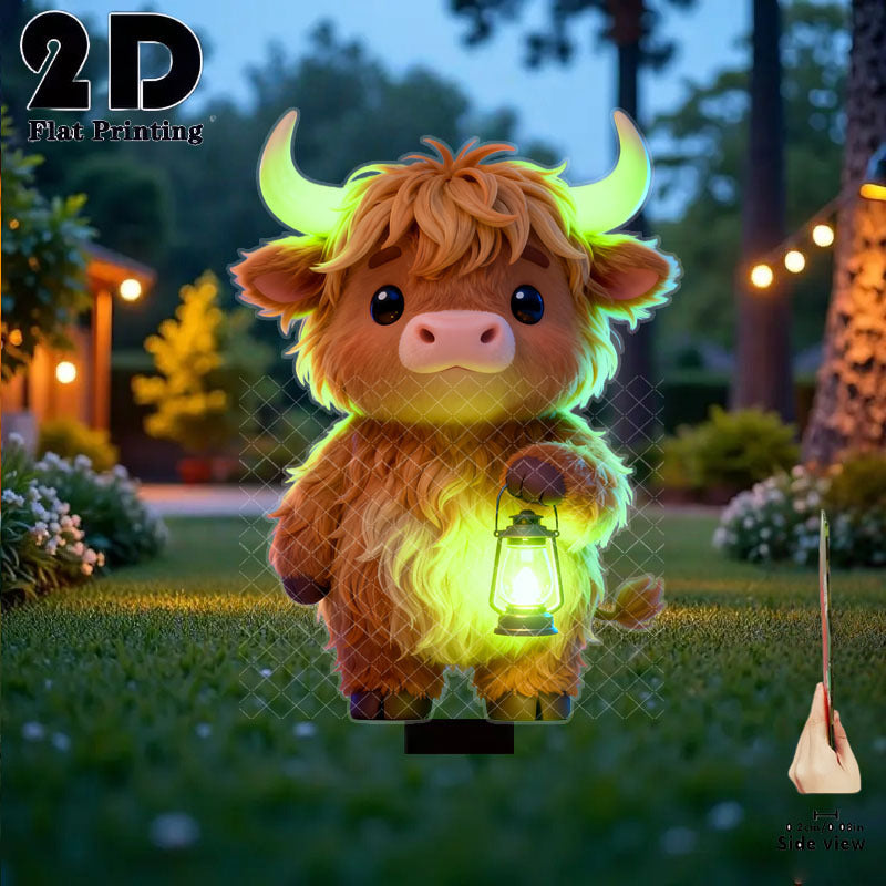 2D Flat 1 Piece Cute Highland Cow Holding Glow Light Garden Decoration Ground Insert, Outdoor Courtyard Garden Lawn Decorative Ornament, Garden and Flower Bed Decorative Stake, Perfect for Courtyard, Lawn, Bonsai - Festival Decoration