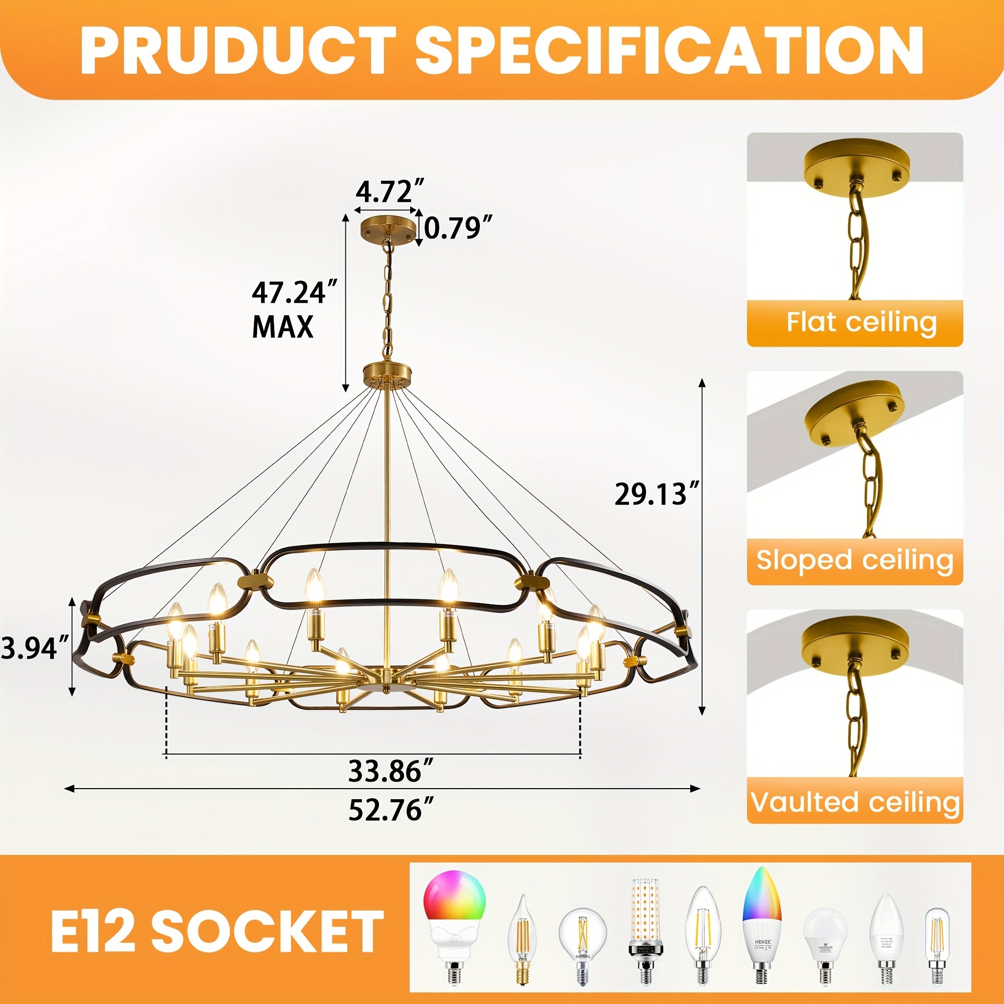 Mid-century modern style candlestick chandelier, 12-light farmhouse island pendant light