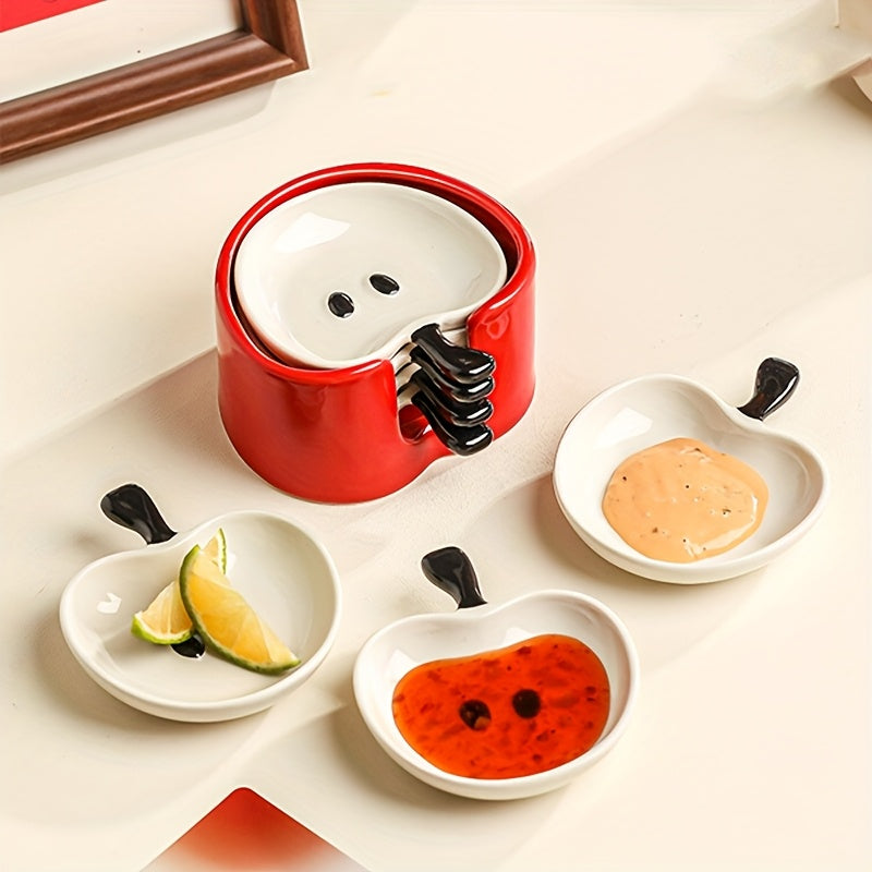 4pcs Ceramic Apple Dish with Collector, Cute Apple Snack Plate, High-Appeal Exquisite Hot Pot Dip Dish, Perfect for Home Decor, Kitchen Sauce Dish, Living Room Coffee Table Snack Plate, Gift Idea