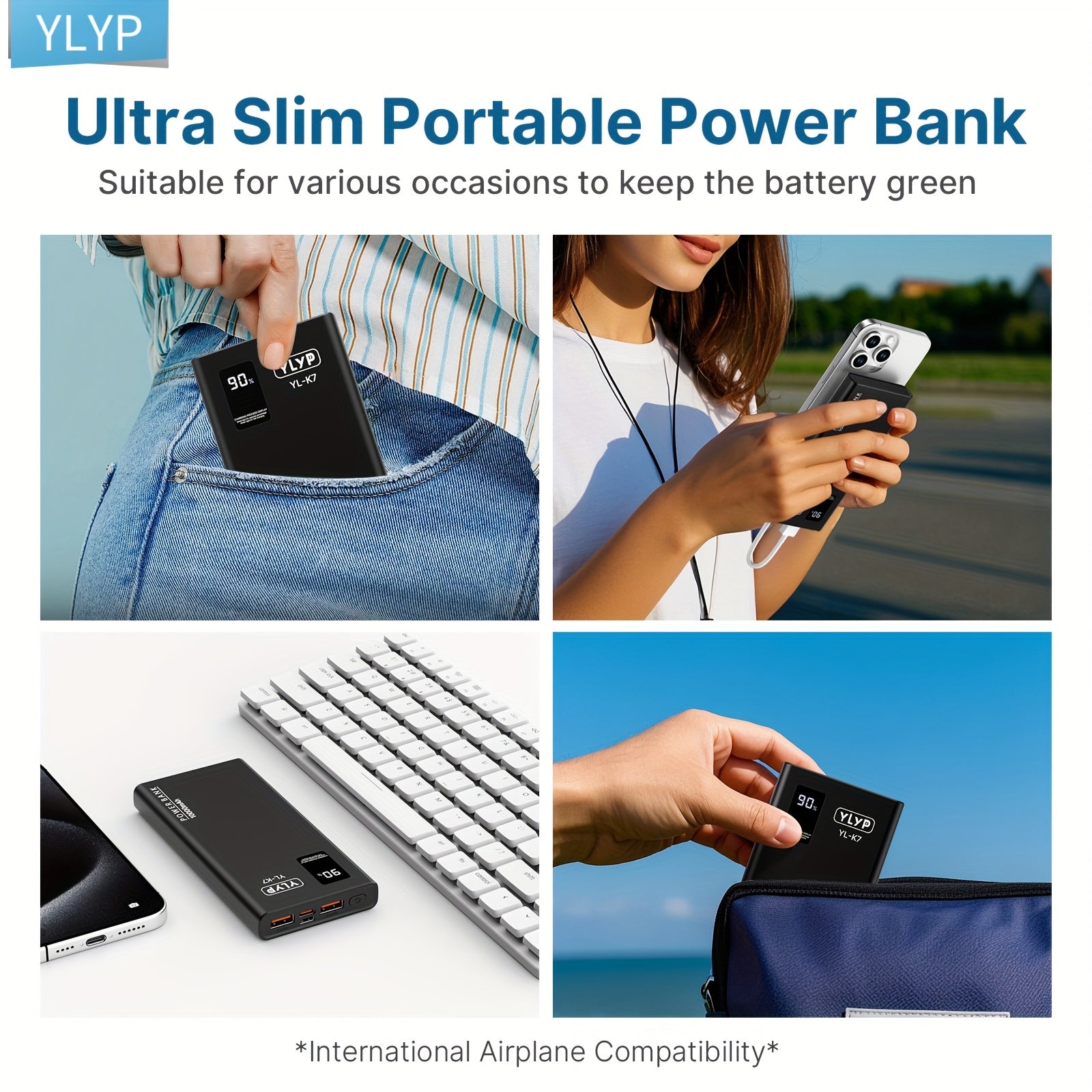 YLYP 1pc Ultra Slim Large Capacity Portable Power Bank 10000mAh, Max 22.5W/PD20W Portable Charger, LED and Digital Display Screen, Suitable for iPhone/Android Devices, 2xUSB/1xType-C Output, Type-C/Micro Input, Safe and Stable Polymer Lithium Battery, Chr