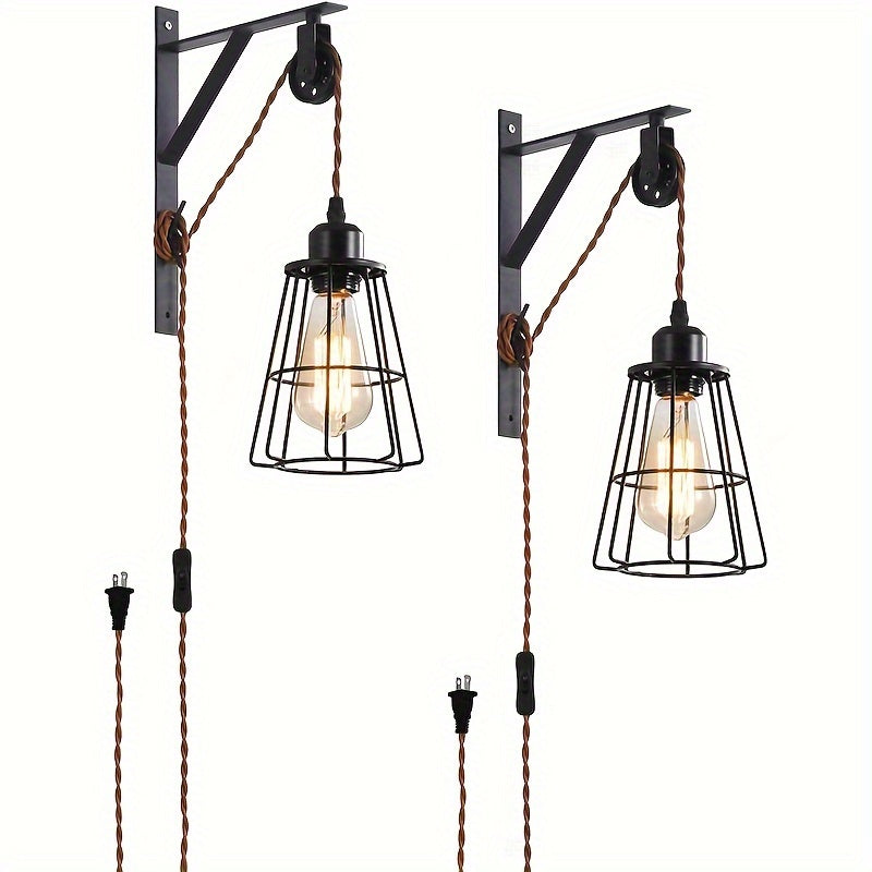 1/2-Piece Farmhouse Style Plug-In Pulley Pendant Light, with Brown Cord and Switch Wall Light
