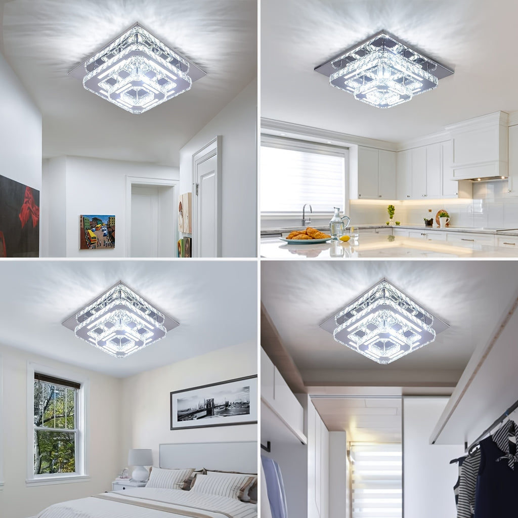 Modern Crystal Chandelier Dimmable Square Ceiling Light - Crystal & Polished Metal Semi-Flush Mount Fixture, Cool White Light Suitable for Bedroom, Living Room, Hallway, Bathroom (Bulb Not Included) - Luxury Crystal Ceiling Light