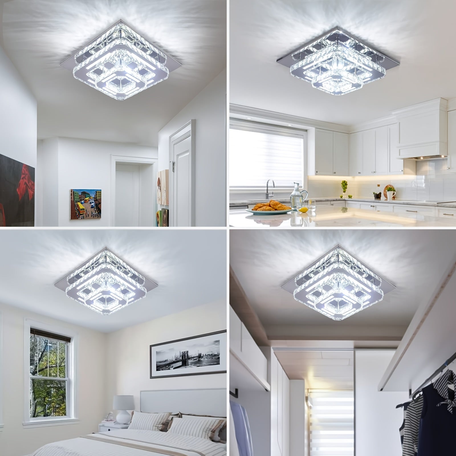 Modern Crystal Chandelier Dimmable Square Ceiling Light - Crystal & Polished Metal Semi-Flush Mount Fixture, Cool White Light Suitable for Bedroom, Living Room, Hallway, Bathroom (Bulb Not Included) - Luxury Crystal Ceiling Light