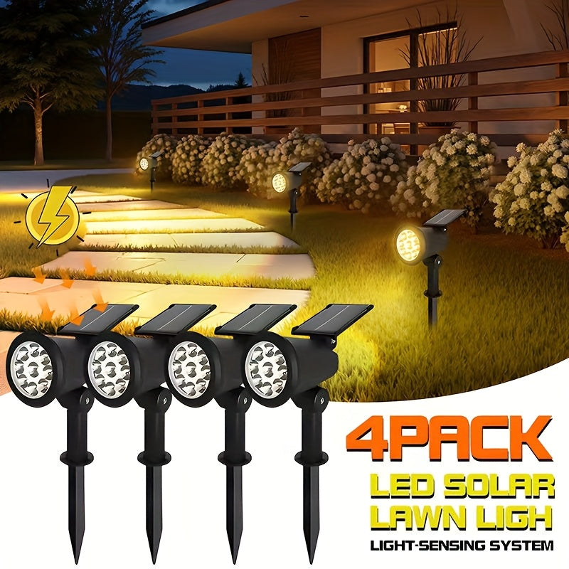 A set of 4 outdoor spotlight fixtures, featuring 9 LED solar lights, equipped with adjustable brightness and RGBW color-changing function. These landscape lights are easy to install, suitable for gardens, driveways, patios