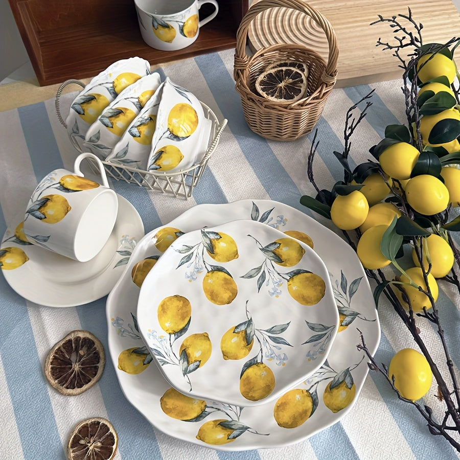 2/4pcs Lemon Pattern Ceramic Dinnerware – Rice Bowl, Cereal Bowl, Salad Plate, Fruit Plate, Steak Plate – Perfect for Restaurant, Hotel, Parties, Harvest Festival – Microwave Safe