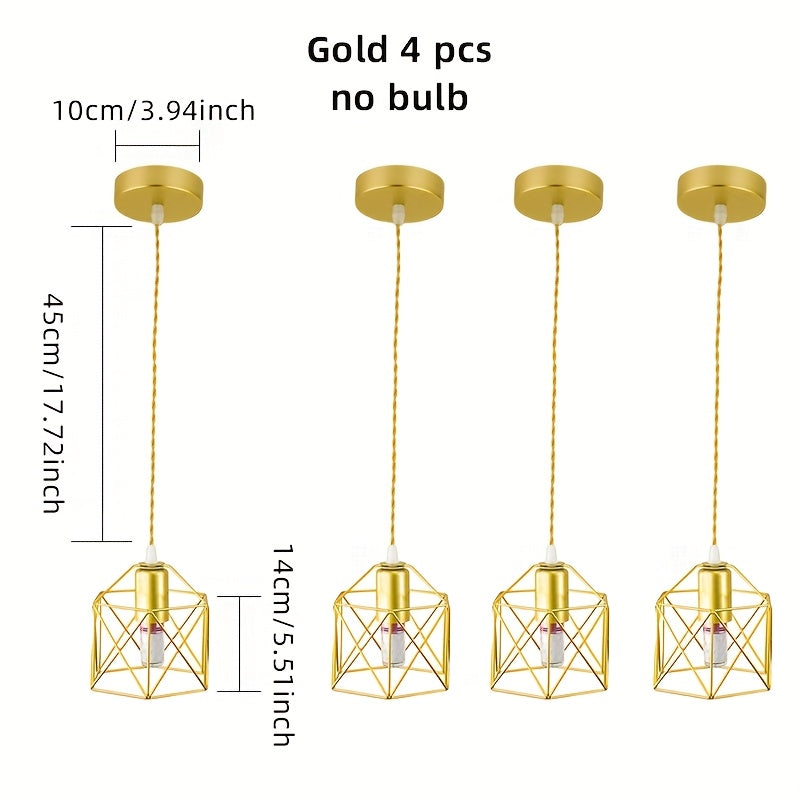 1/2/3/4-pack, rustic vintage pendant light, geometric ceiling fixture, modern gold iron pendant light, adjustable hanging wire, e27 socket (replaceable), suitable for dining room pendant light, living room, bedroom, study, bulb not included