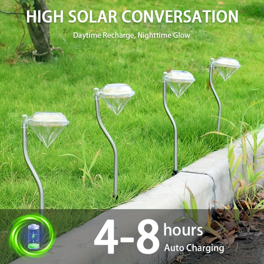4 Pack Solar Diamond Shape Light Set, Designed for Outdoor Use with Rainproof Function. These LED Lawn Lights Feature Simple Semi-Flush Mount Installation with Stainless Steel Tube.