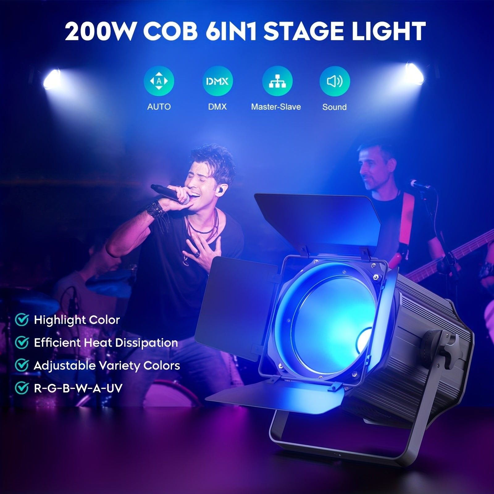 200W COB linear spotlight with barn doors, RGBWA UV 6-in-1 COB par light stage light, DMX512 sound-activated DJ light, suitable for banquet halls, wedding venues and theaters