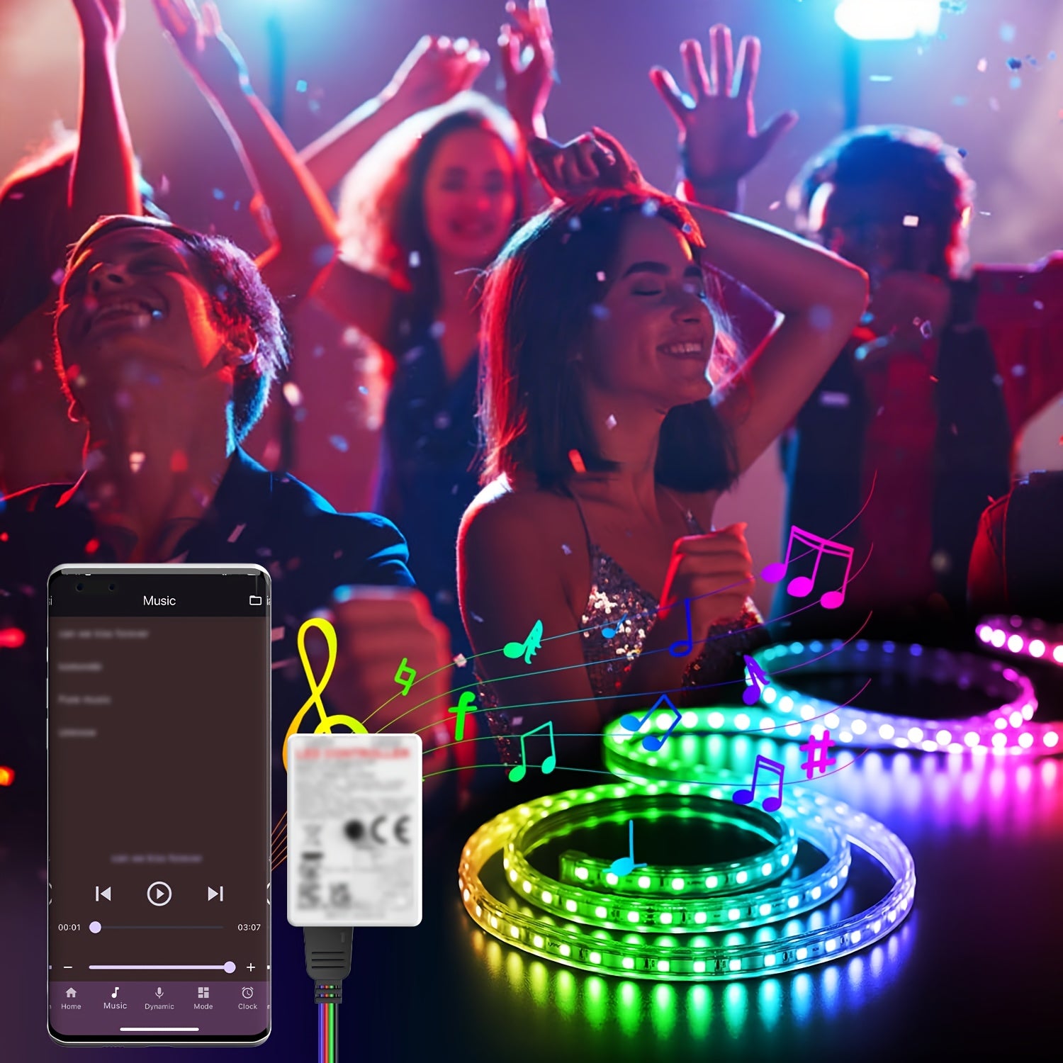 NBBUFF 加长版 LED 灯带，智能房间装饰 RGB 灯条，通过 App 和遥控器控制，带定时、音乐同步、多种场景和 1600 万色，适用于卧室、客厅天花板、万圣节、派对、节日礼物