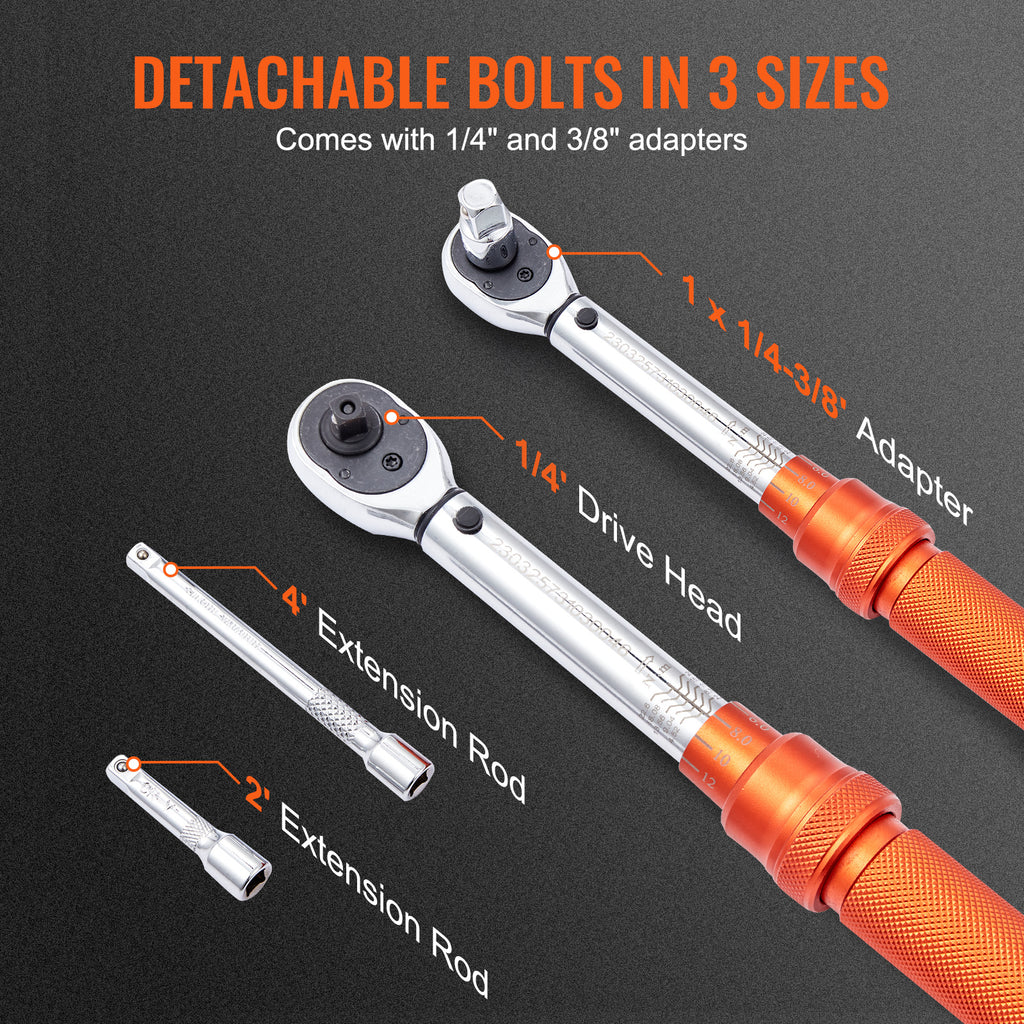 VEVOR Torque Wrench, 1/4“ / 3/8” / 1/2“ Drive Click Torque Wrench 10-80 ft-lbs / 20-200 in-lbs / 25-250 ft-lbs 3-23 Nm / 34-340 Nm / 14-110 Nm, Dual-Direction Adjustable Torque Wrench Set