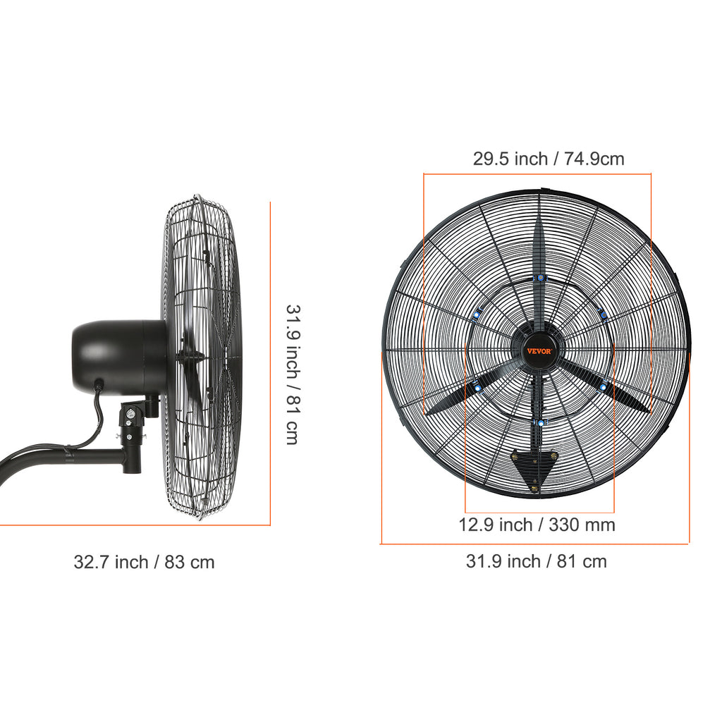 VEVOR Wall-Mount Misting Fan, 24"/30", 3-Speed High Velocity Max 7000 CFM / 9500 CFM, Waterproof Oscillating Industrial Wall Fan, Commercial/Residential for Warehouse, Greenhouse, Workshop, Black, ETL Listed