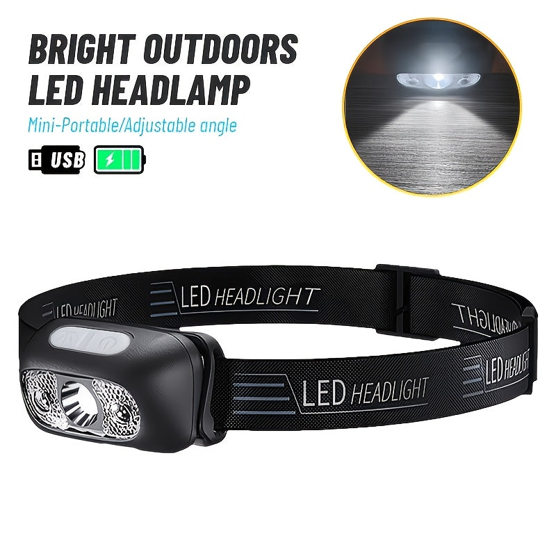 1Pc Rechargeable Fishing Headlamp, Adjustable Angle, Motion Sensor Hands-Free Flashlight, Portable Head Light for Camping, Reading, Running and Barbecue