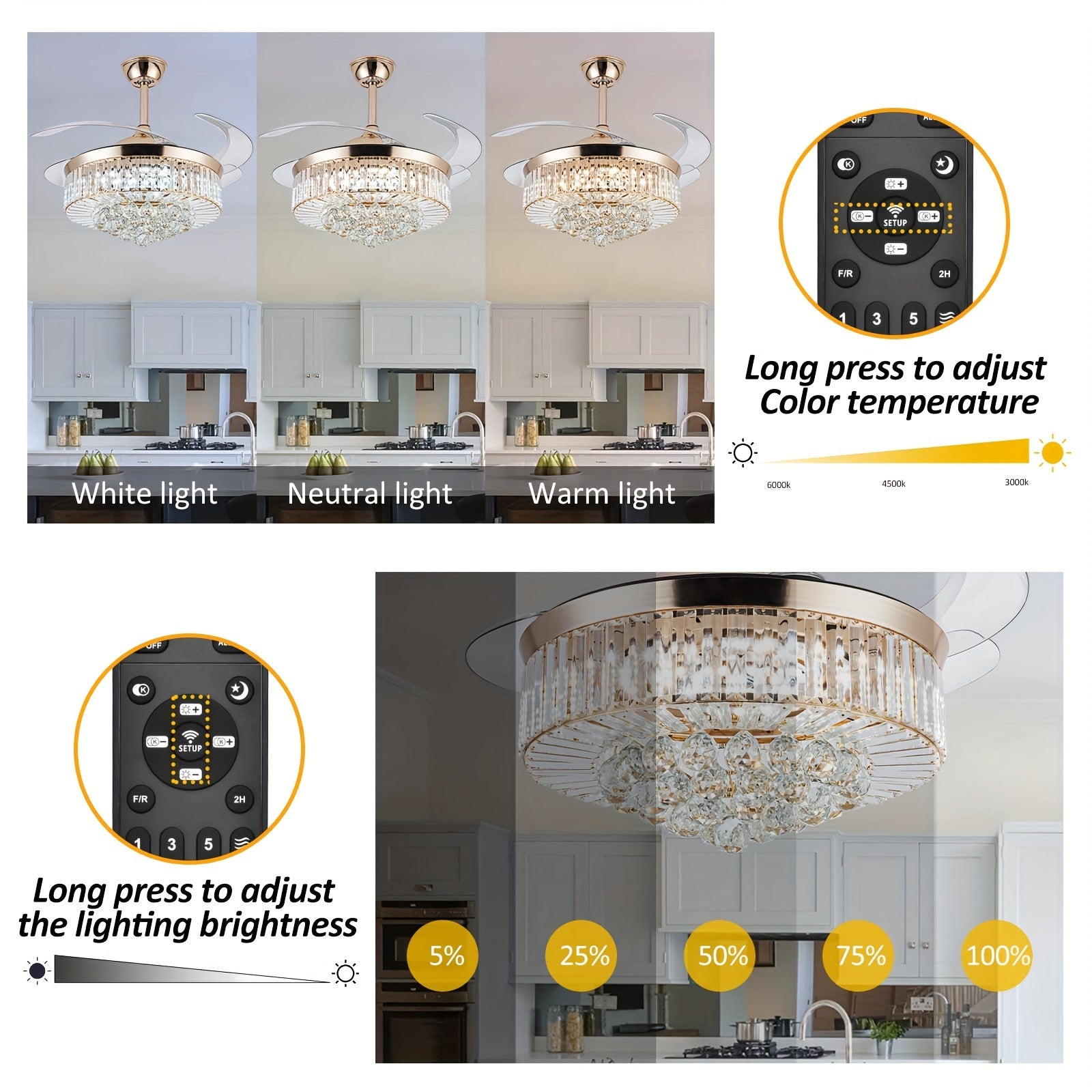42 Inch Reversible Crystal Ceiling Fan with Light, Stepless Dimmable Modern Retractable Invisible Blades, 6 Speed Levels, Ceiling Fan Set for Living Room Bedroom (Gold)