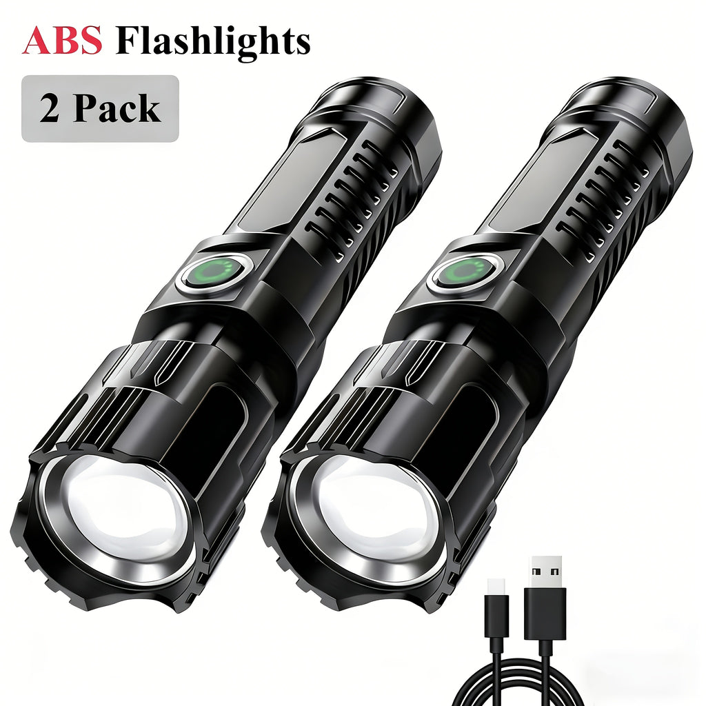 2 High Lumen LED Tactical Flashlights, IP44 Protection Rating, 3 Adjustable Brightness Levels with Zoom, Portable Camping Flashlight for Outdoor Hiking & Home Emergency, Built-in Lithium Battery