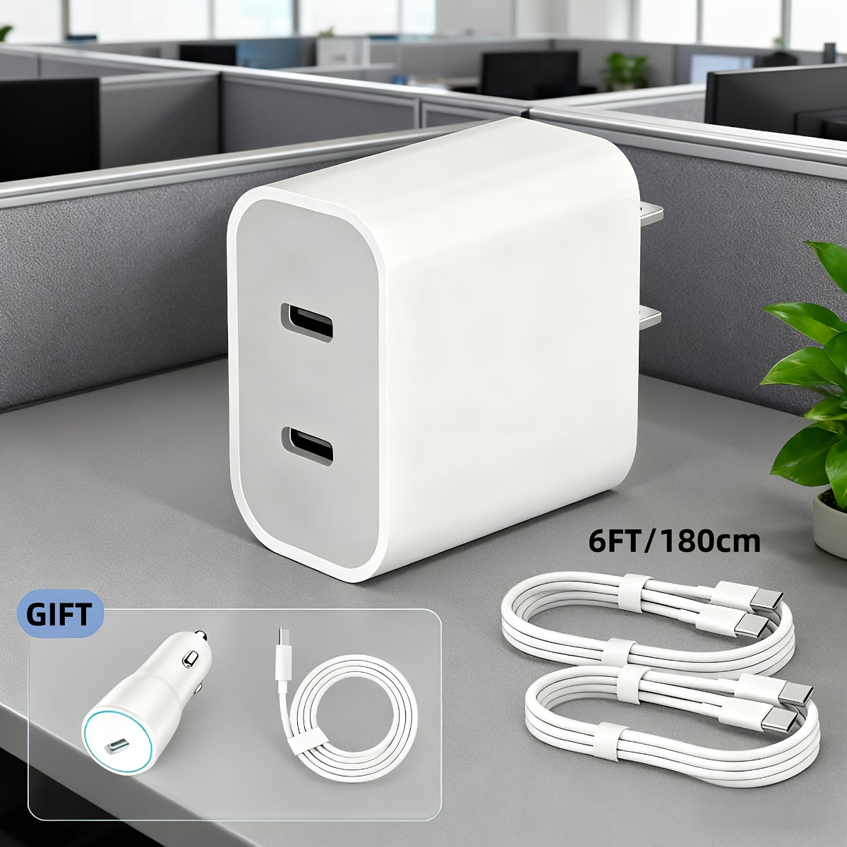 Fast Charger for Iphone 17/16/15 Pro Max, Featuring a 20+20W Dual USB-C Quick Wall Charger, Two 6Ft/180Cm Long Type-C Cables, And a Foldable Double Port USB C Fast Charging Option for Iphone 15/16/17/Ipad, Plus a Complimentary Car Charger