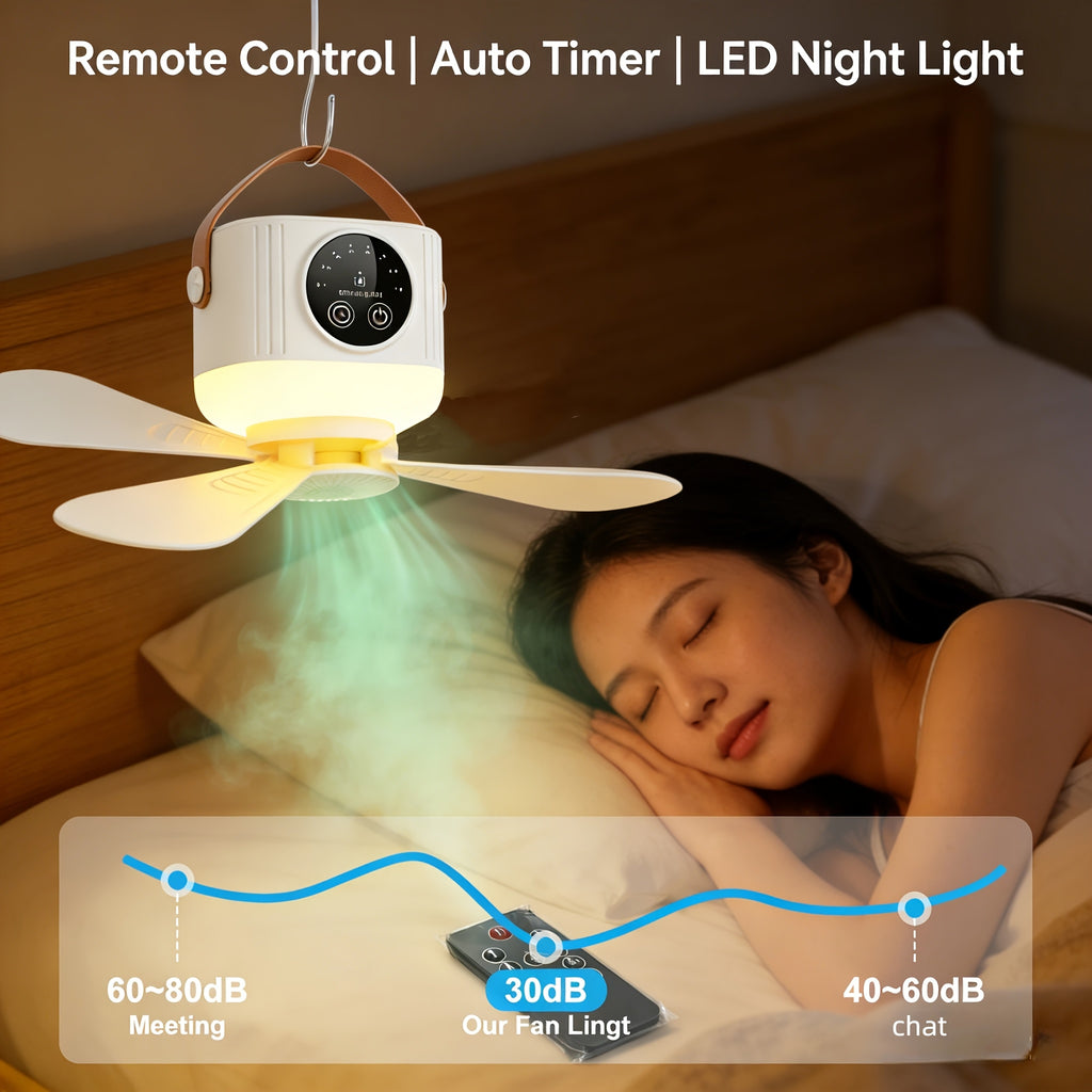 Portable Rechargeable Remote Control Small Hanging Fan with Light, Remote Operated, 4-Speed Adjustable, Quiet & Timer, 3-Level Night Light, Detachable Blades, Long-Lasting Battery, Safe for Outdoor Tents