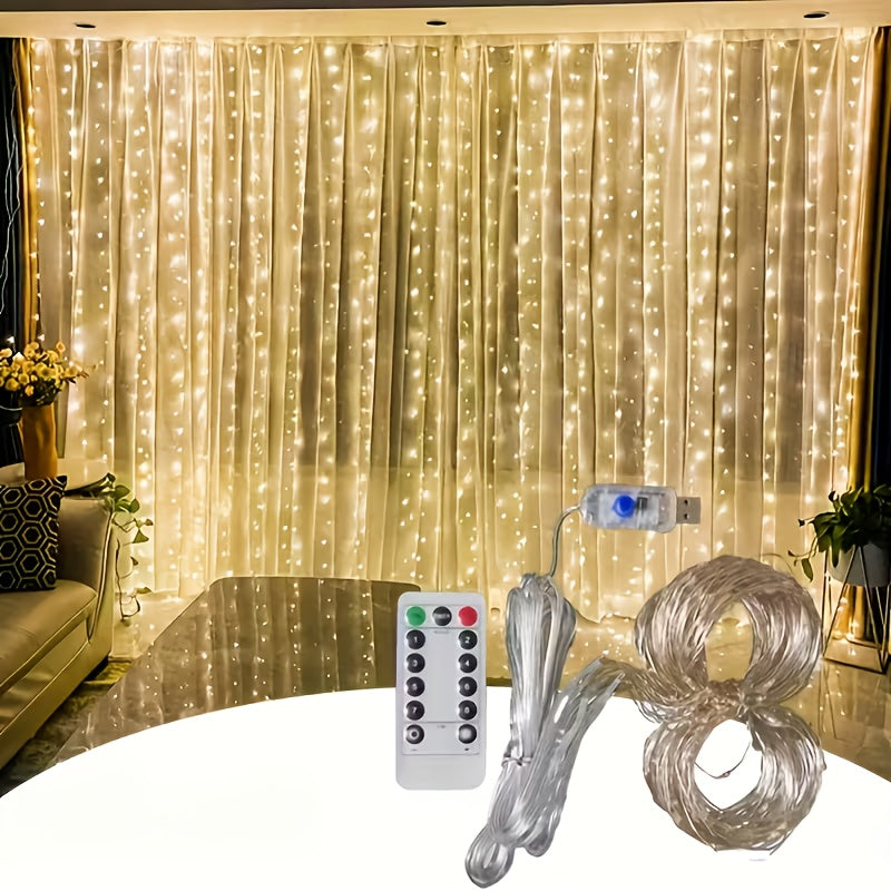 118.11*118.11 英寸 USB 暖白光窗帘灯 | 高品质户外 LED 灯串，易于悬挂，无需钻孔，适用于花园、露台、屋檐、门廊和阳台，遥控控制，USB 供电