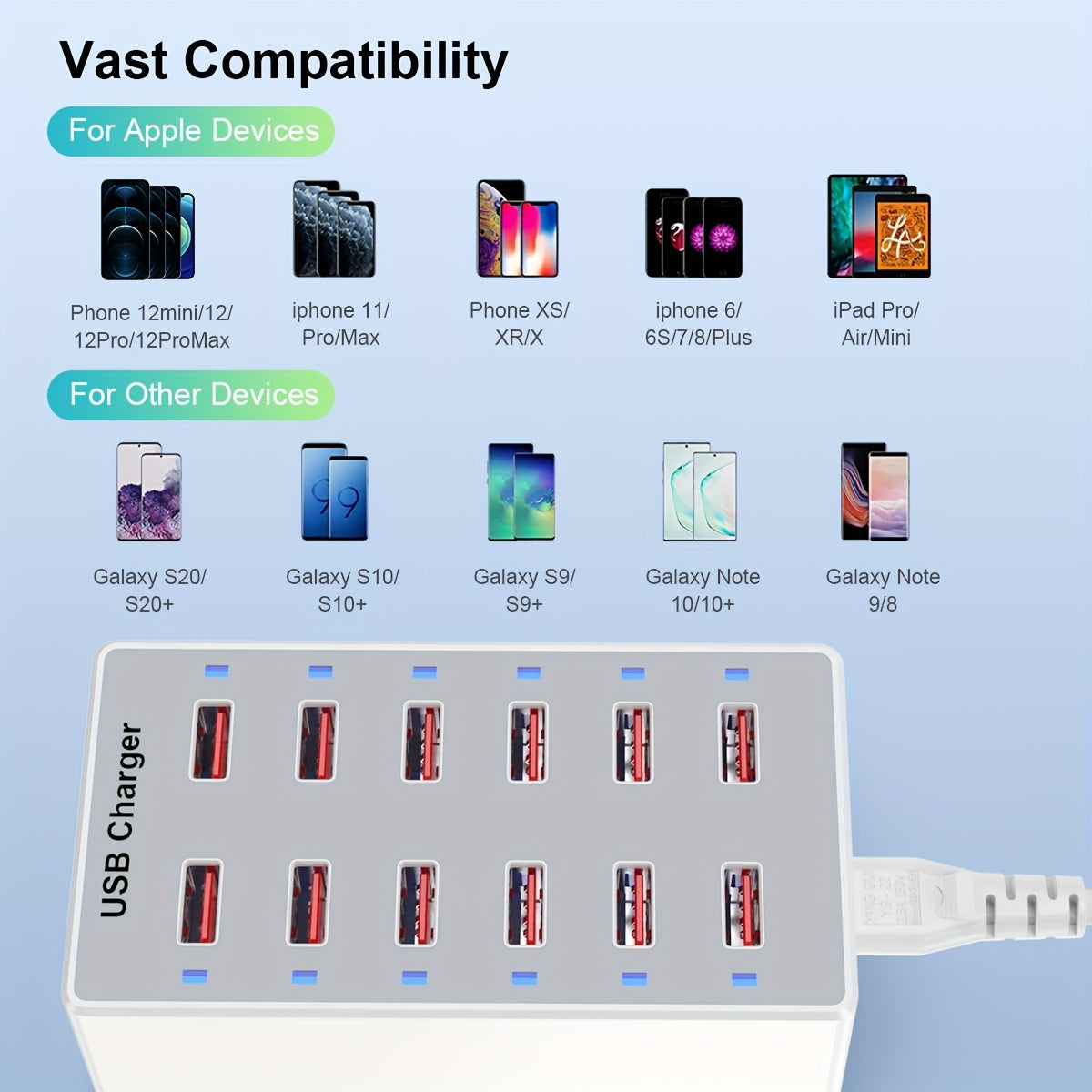 USB Charger 12-Ports USB Charging Station for Multiple Devices USB Wall Charger Power Hub Strip Smart Plug Charging Dock Block for iPhone Xs/XR, iPad, IPod, Galaxy S9/S8, Laptops And Smart Phones 60W/12A