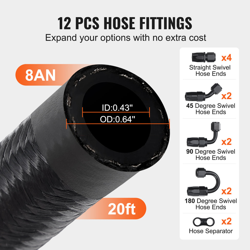 VEVOR 6AN/8AN Fuel Line Kit, 20 FT Fuel Hose Kit, 0.34"/0.43" Nylon Stainless Steel Braided Fuel/Gas/Diesel Hose End Fitting Kit, with 12 PCS Swivel Fitting Adapter Set, Black