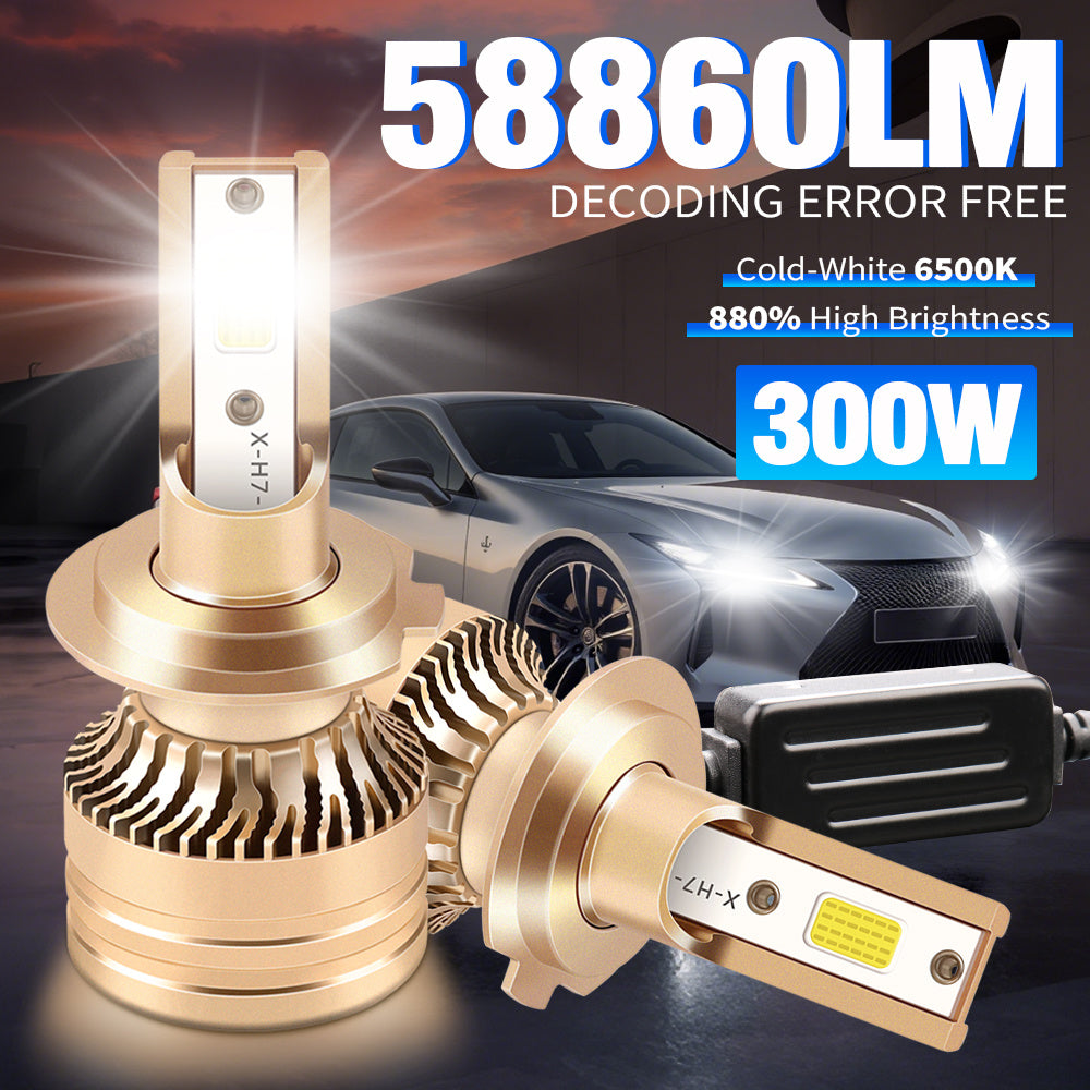 2-Pack H1 H7 H11 9005 9006 H4 LED Car Bulbs Canbus Vehicle LED Light High/Low Beam Fog Light 58860 Lumens 300W Ultra-Bright CSP Chip Anti-Glare Technology 800% High Brightness Easy Installation Cool White 6500K