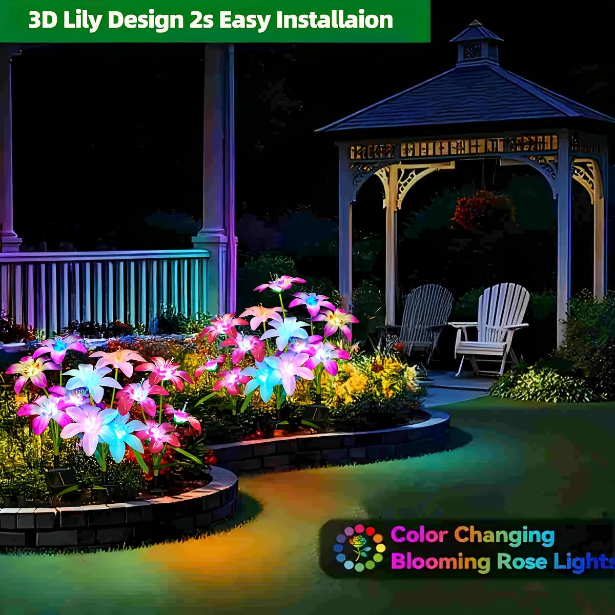 Outdoor Garden Decorative Solar Light, 2-Piece Large Lily Solar Light, 7-Color Changing Solar Flower Outdoor Light, IP44 Protection Rating Solar Light, Suitable for Courtyard, Lawn, Garden Decoration