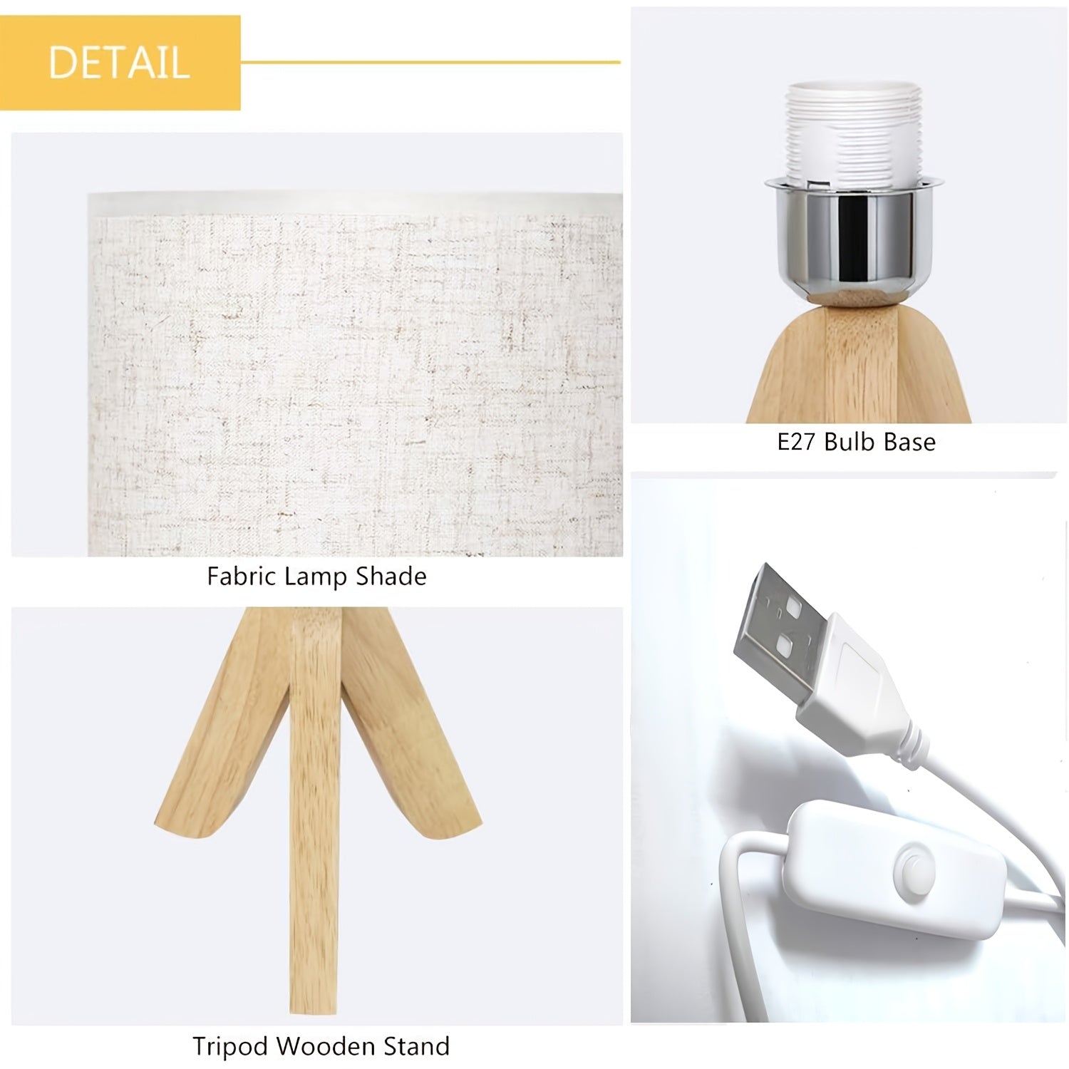 Wooden tripod table lamp, small table lamp with linen lampshade, bedside table lamp for bedroom, office, dormitory, USB powered, bulb included
