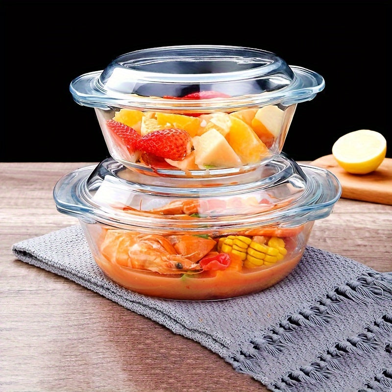 2-Piece Set (1 Plate & 1 Bowl) Household Transparent Borosilicate Glass Heat-Resistant Crystal Pot with Lid – Microwave-Safe Glass Bowl & Plate for Baking Rice Dishes – Great for Christmas, Valentine's Day, Halloween, Easter