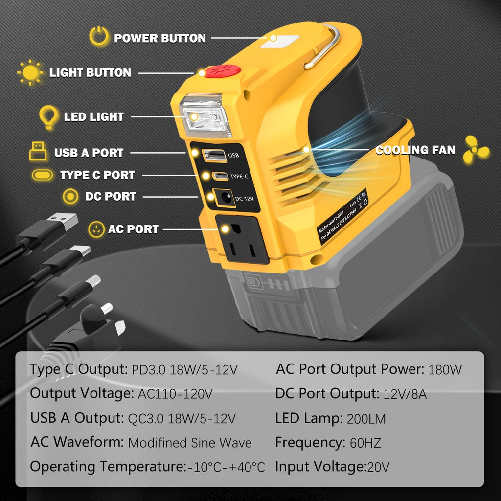 220W电源逆变器，for Dewalt 20V电池，直流20V到交流110-120V电池逆变器，便携式发电站发电机，充电器适配器电池供电插座，USB端口和c型和交流插座