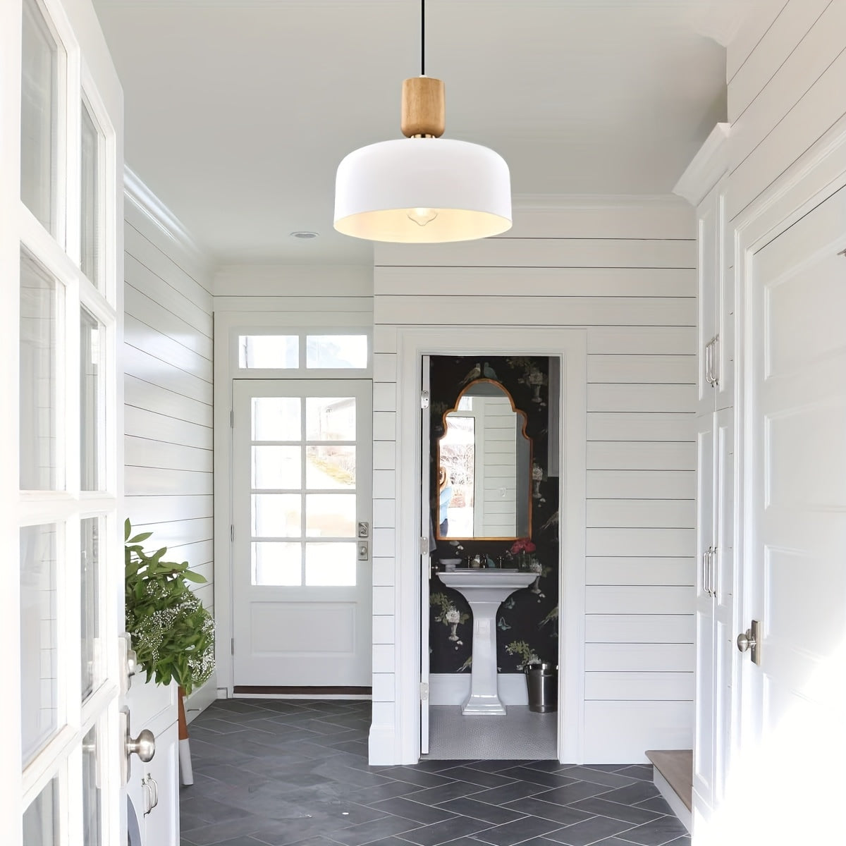 Nordic modern wood metal decorative pendant light - suitable for dining room, kitchen island, sloped ceiling, height adjustable, 12-inch diameter black and white drum lampshade (bulb not included)