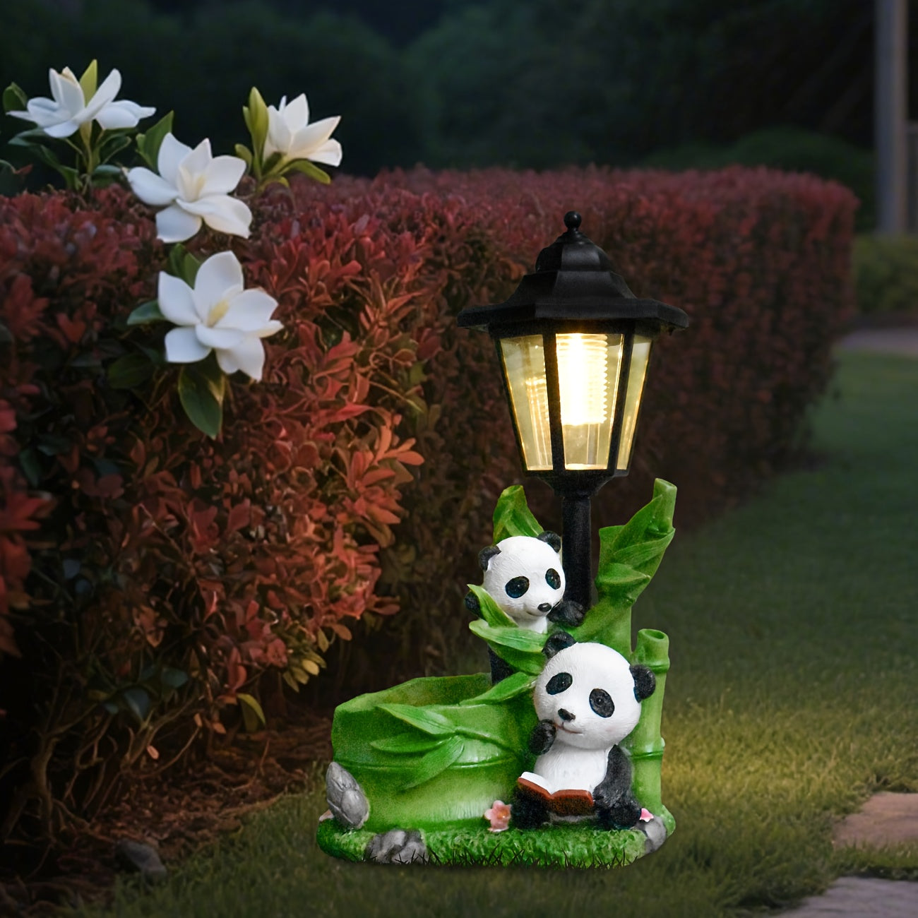 One-Piece Courtyard Creative Chinese Panda Outdoor Solar Light Statue Decoration, Animal Sculpture and Flower Pot Dual-Use, Multi-Functional Villa Night View Lighting, Balcony Living Room Garden Home Decorative Light, Friend Gift
