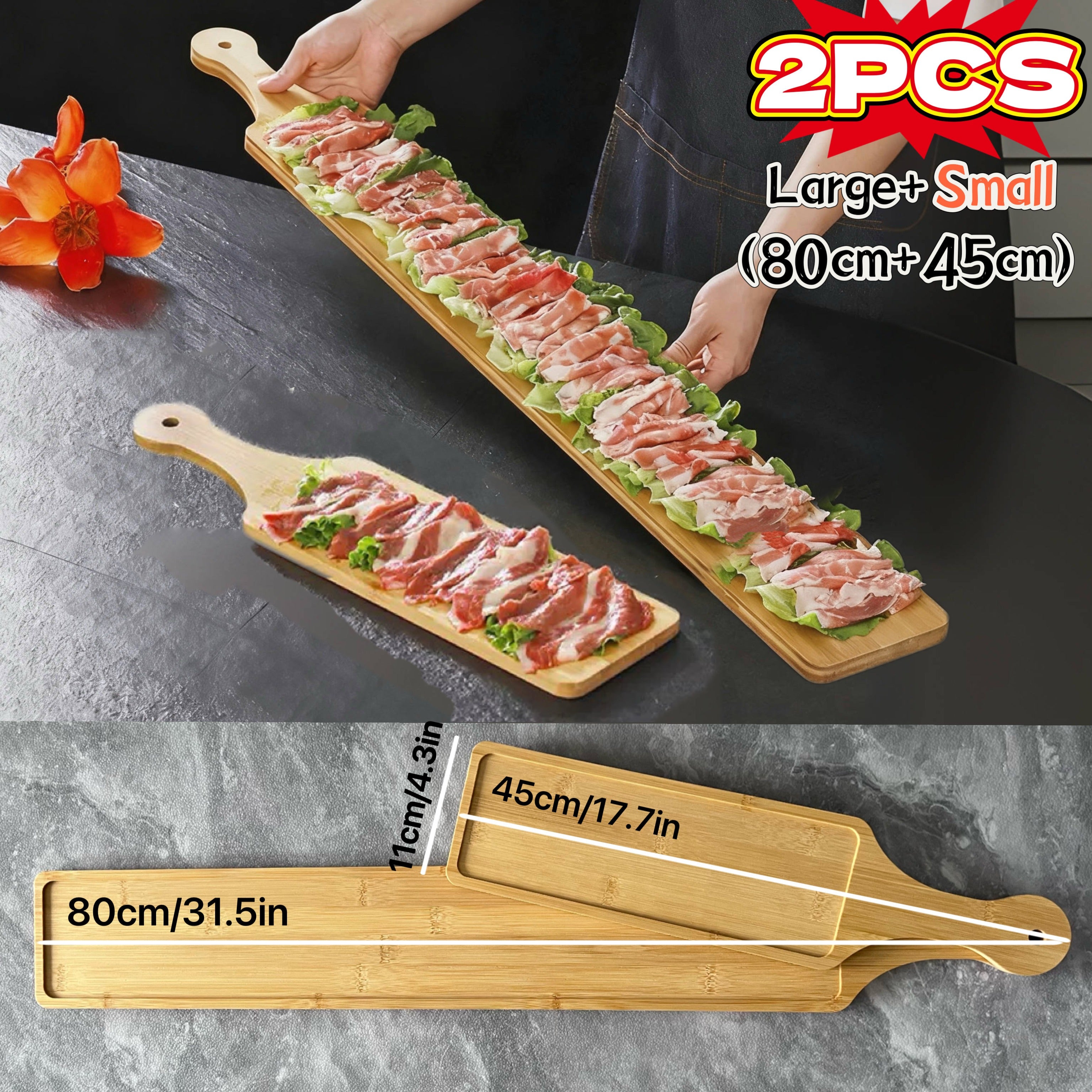 1PC/2PCS Bamboo Rectangular Tray, Up to 31.4in / 80cm – Perfect for Hot Pot, Steak, Appetizers – Durable Kitchen & Restaurant Serveware – Natural Bamboo Display Board, 3 Sizes Available for Multiple Scenarios