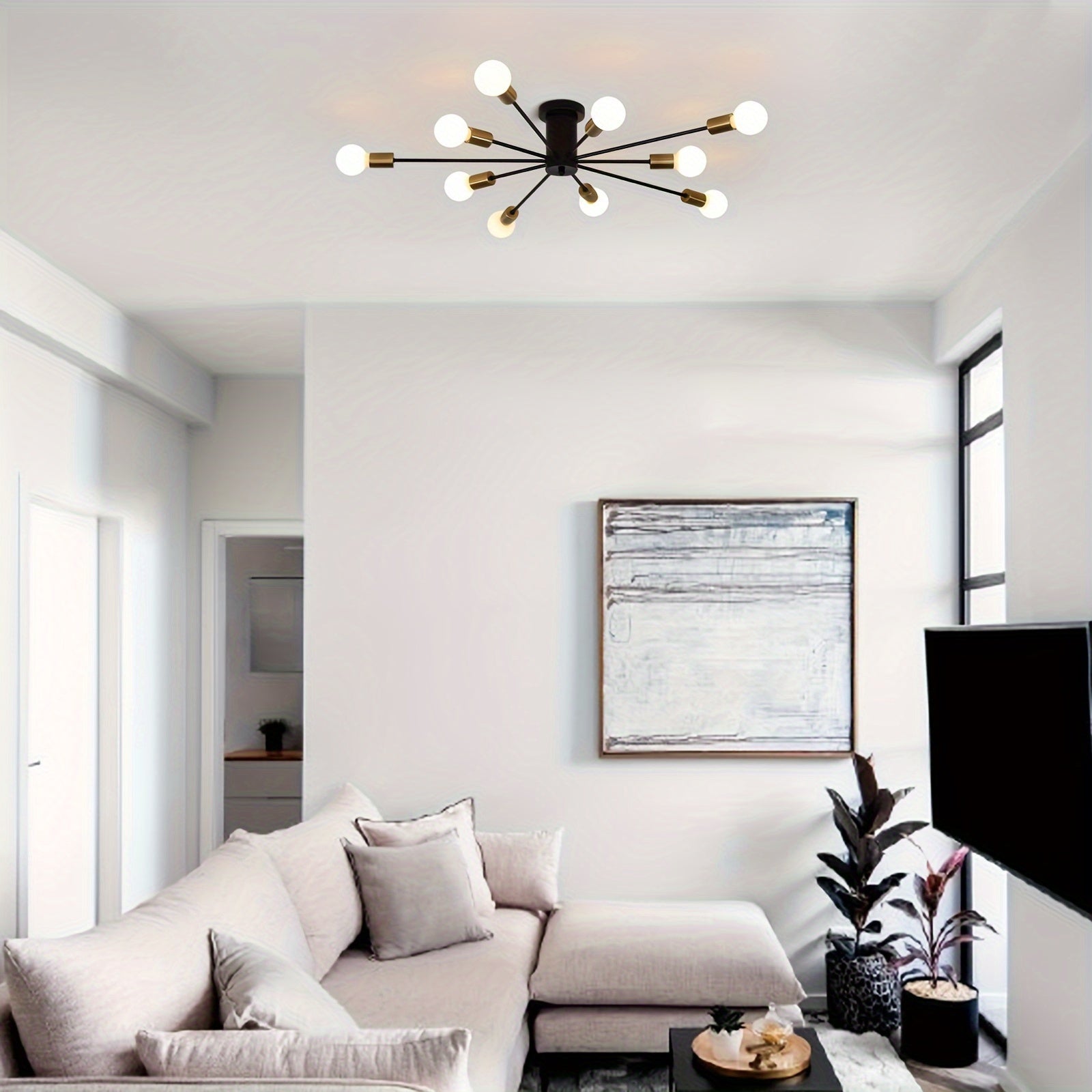 Enkel 10-Head Modern Industrial Style Satellite Pendant Light - Black Gold Semi-Flush Mount Ceiling Light, 38-Inch Wide Hardwired Pendant Light with Dimmable Function (Compatible with E26/E27 Sockets), Suitable for Living Room, Kitchen, Bedroom