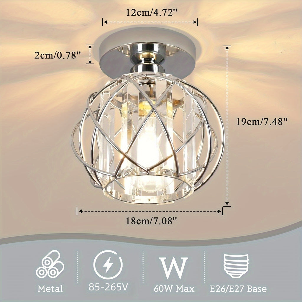 (Chrome) Hallway Ceiling Light Fixture, Recessed Ceiling Light with Metal Mesh Shade Indoor Industrial Style Ceiling Light E26 Semi-Flush Mount Ceiling Light, Suitable for Porch, Entryway, Bathroom (Bulb Sold Separately)