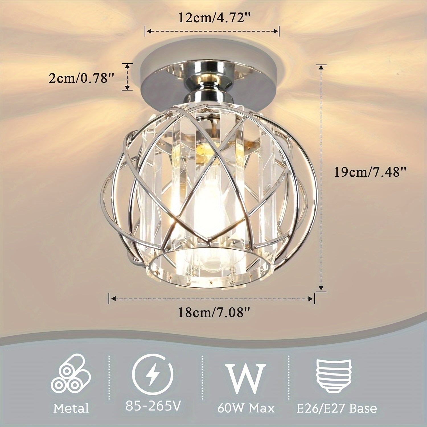 (Chrome) Hallway Ceiling Light Fixture, Recessed Ceiling Light with Metal Mesh Shade Indoor Industrial Style Ceiling Light E26 Semi-Flush Mount Ceiling Light, Suitable for Porch, Entryway, Bathroom (Bulb Sold Separately)