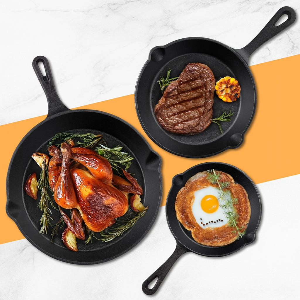 1/3/4 Pcs Cast Iron Skillet Set, Heavy-Duty Pre-Seasoned Frying Pan, Excellent Heat Retention, Non-Stick, Multifunctional Design with Ergonomic Handle, Ideal for Indoor and Outdoor Cooking