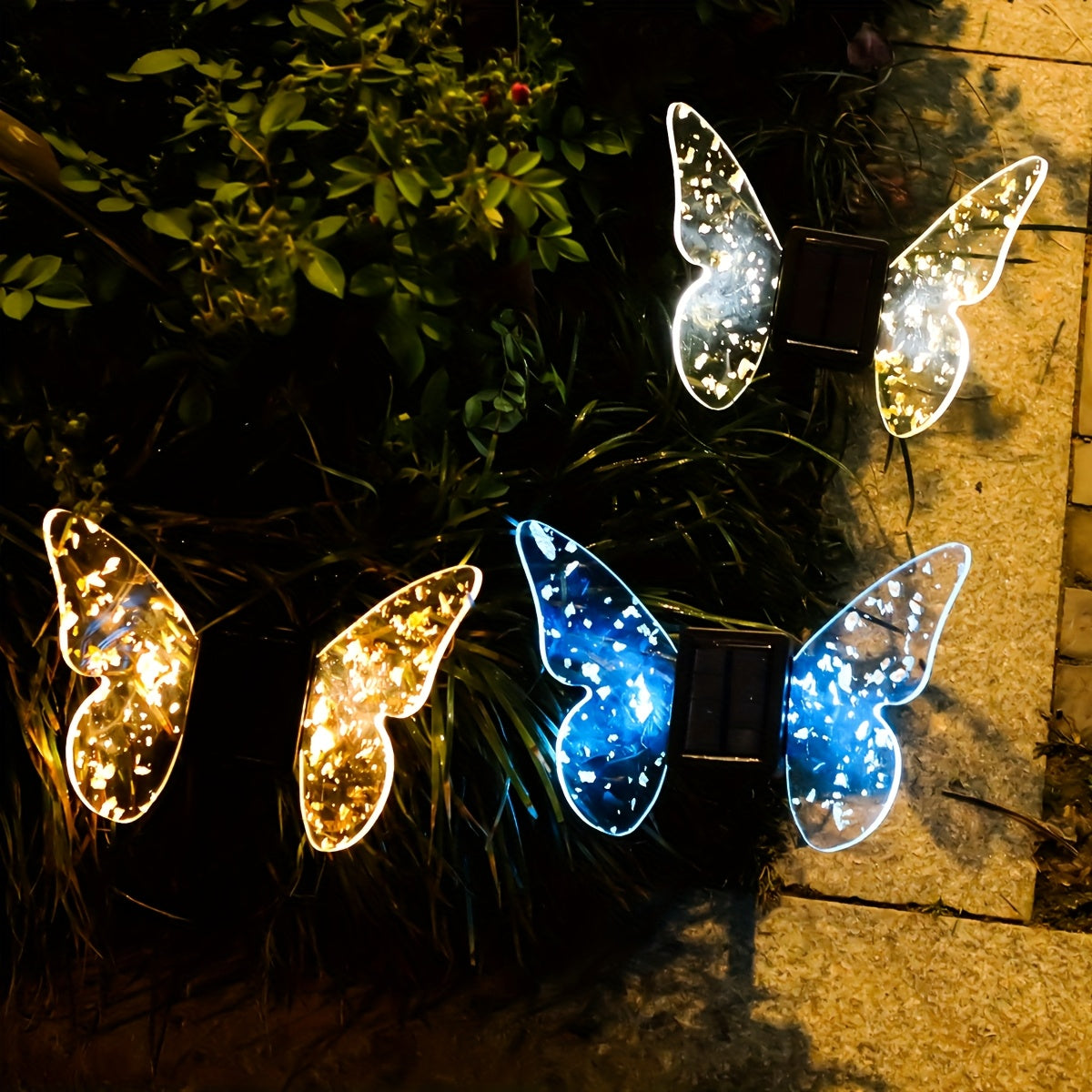 Solar Butterfly Light, Acrylic Wings with Gold Foil Decoration, Dual-Purpose Ground/Wall Light, Suitable for Courtyard, Villa, Garden and Path Ambient Lighting