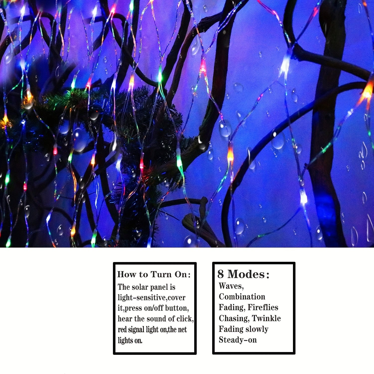1包太阳能网灯-192 LED，9.8英尺x 6.6英尺8模式LED闪光网灯，适用于室外/室内使用-非常适合树木、景观、花园、屋顶、阳台、墙壁装饰-非常适合婚礼、生日、圣诞节、万圣节、派对 IP44