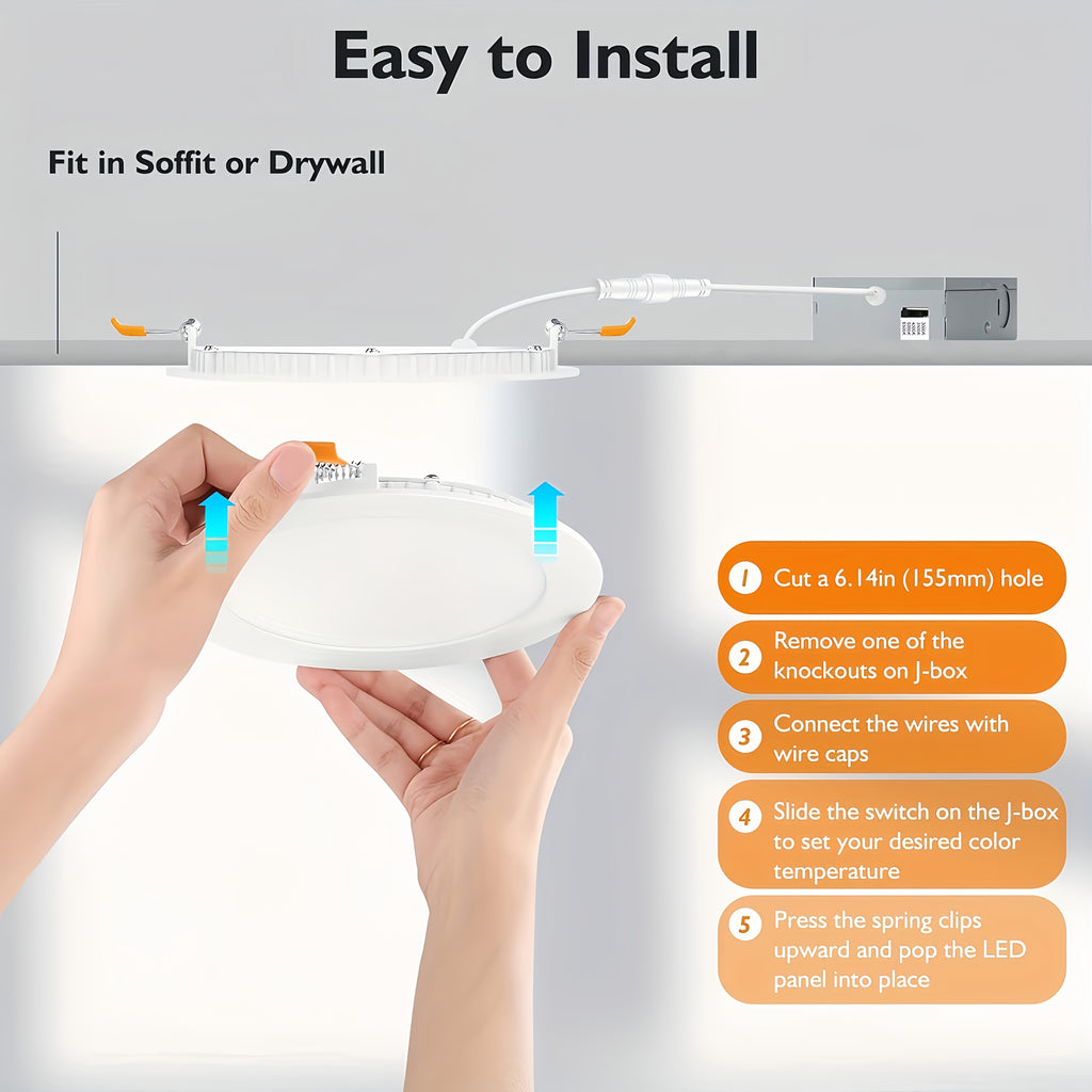 2-Pack Modern 6-Inch Ultra-Thin Recessed Light Fixture, Dimmable 5 CCT LED Downlight, 12W 1050 Lumen Trimless Ceiling Light, Suitable for Kitchen, Living Room, Hallway | Includes Junction Box, Easy Installation