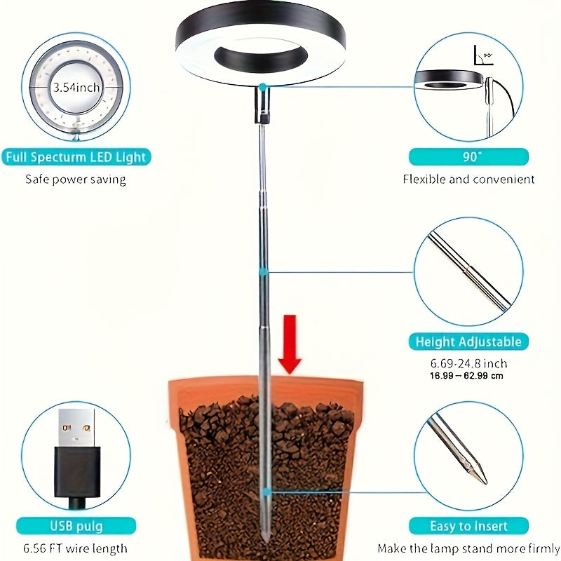 Indoor LED Plant Grow Light, Full Spectrum Ring Grow Light, 3 Colors, 10 Dimmable Levels, Auto Timer, USB Powered, Height Adjustable, Ideal for Succulents and Small Plants