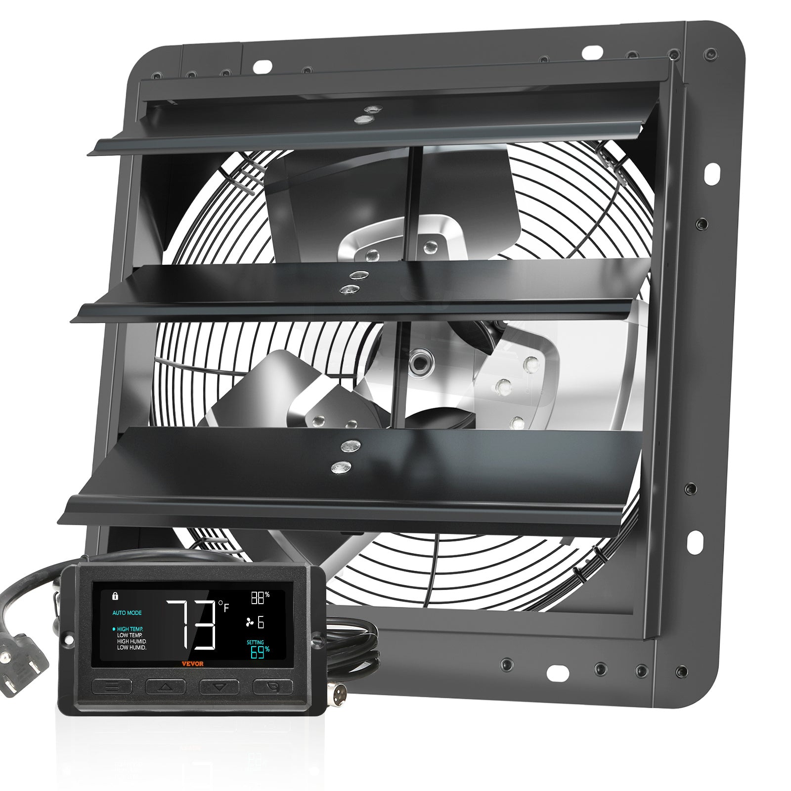 VEVOR Shutter Exhaust Fan, 12''/14''/16'' with Temperature and Humidity Controller, EC Motor, 940 CFM/1513 CFM/1747 CFM, 10-Speed Wall Mount Attic Fan for Greenhouse, Garage, Shed Ventilation and Cooling