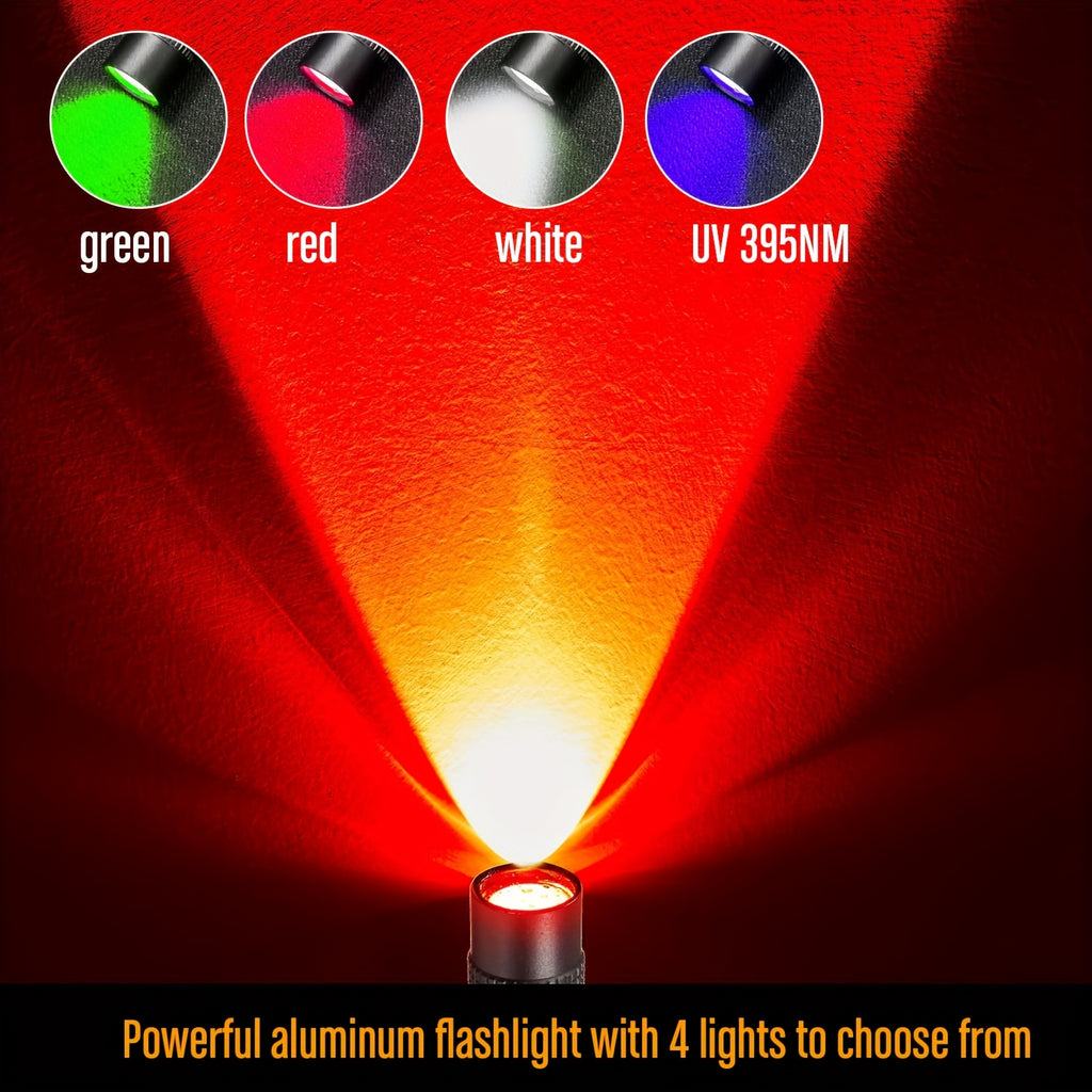 1PC Aluminum UV Flashlight Red Light Green Light Torch White Light 4 Light Colors Optional for Night Lighting Camping Fishing Water Leak Pet Urine Scorpion Hotel Inspection Dry Stains Bed Bugs