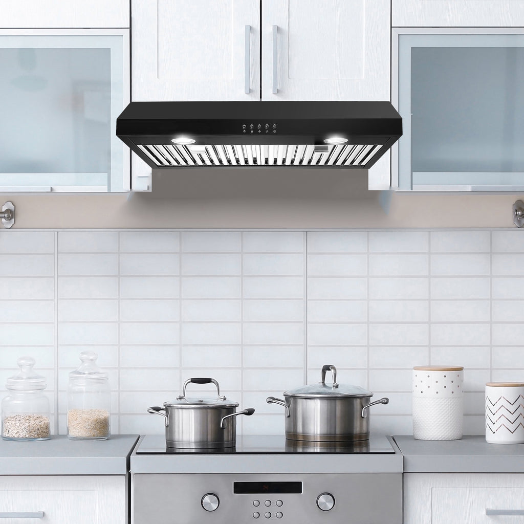 30-Inch Under-Cabinet Range Hood, 600 CFM Stainless Steel Kitchen Exhaust Fan, 3-Way Exhaust System, 2 LED Lights, Button/Touch Control